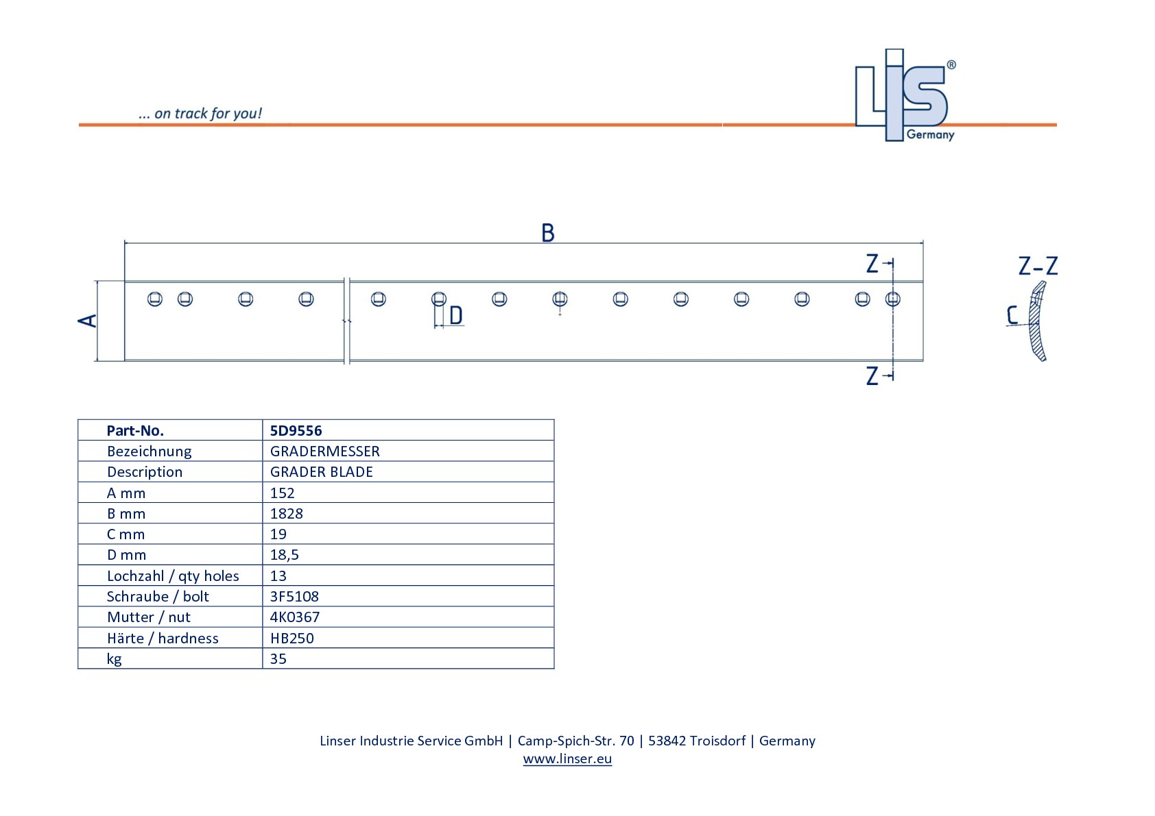 Hochverschleißfestes LIS® Gradermesser 5D 9556 mit gebogenen Schneidkanten für CAT® Technische daten.