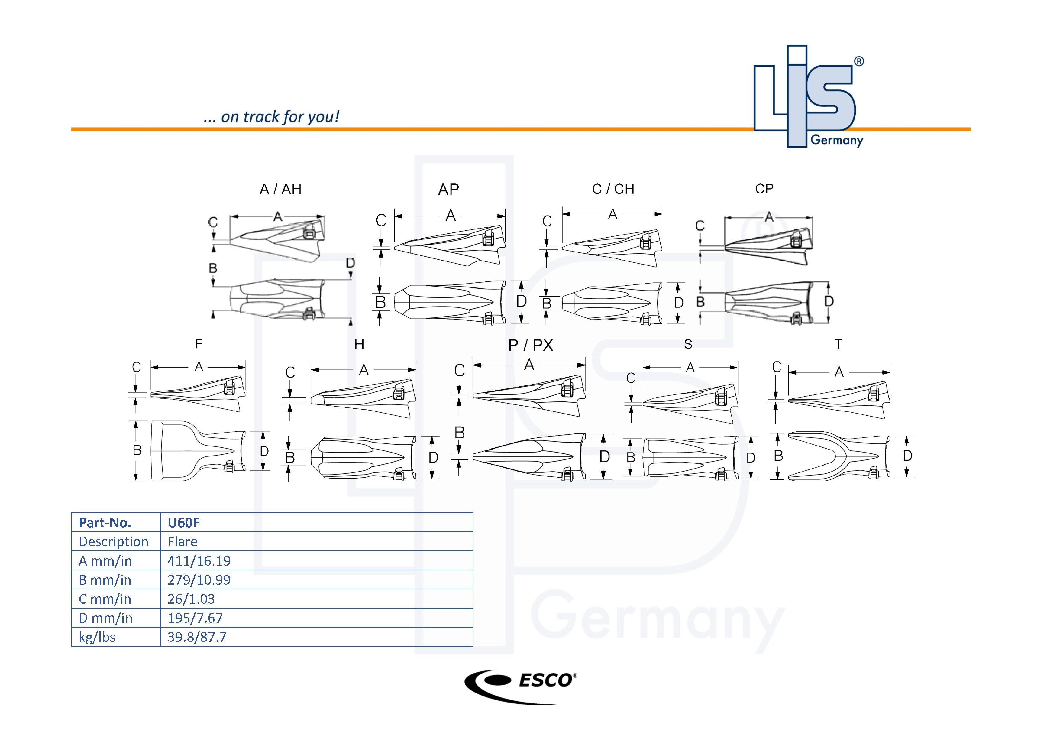 Technische Zeichnung ESCO® Ultralok® U60 Baggerzahn – U60F (Spatenzahn) mit Maßangaben A B C D