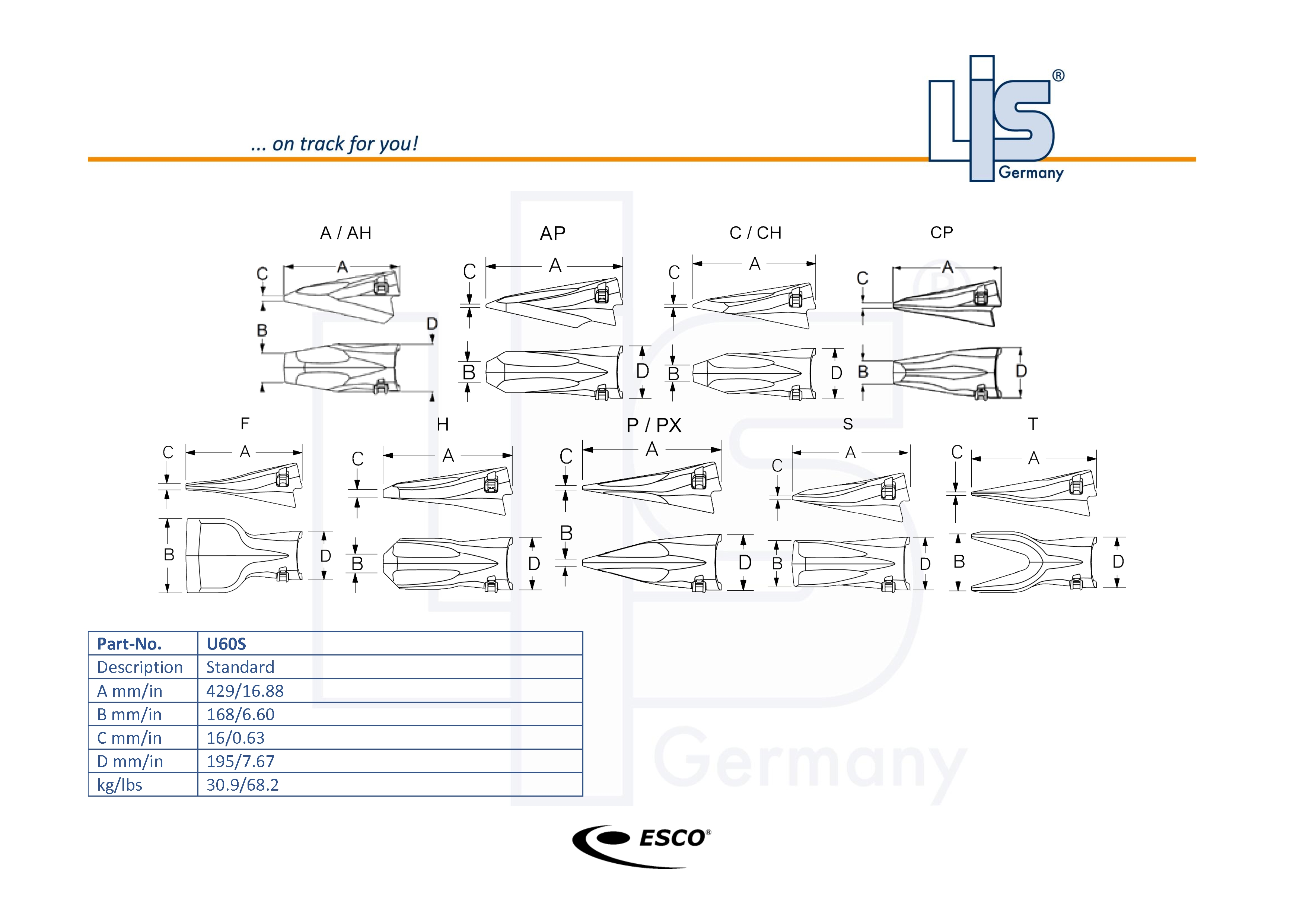 Technische Zeichnung ESCO® Ultralok® U60 Baggerzahn – U60S (Standardzahn) mit Maßangaben A B C D