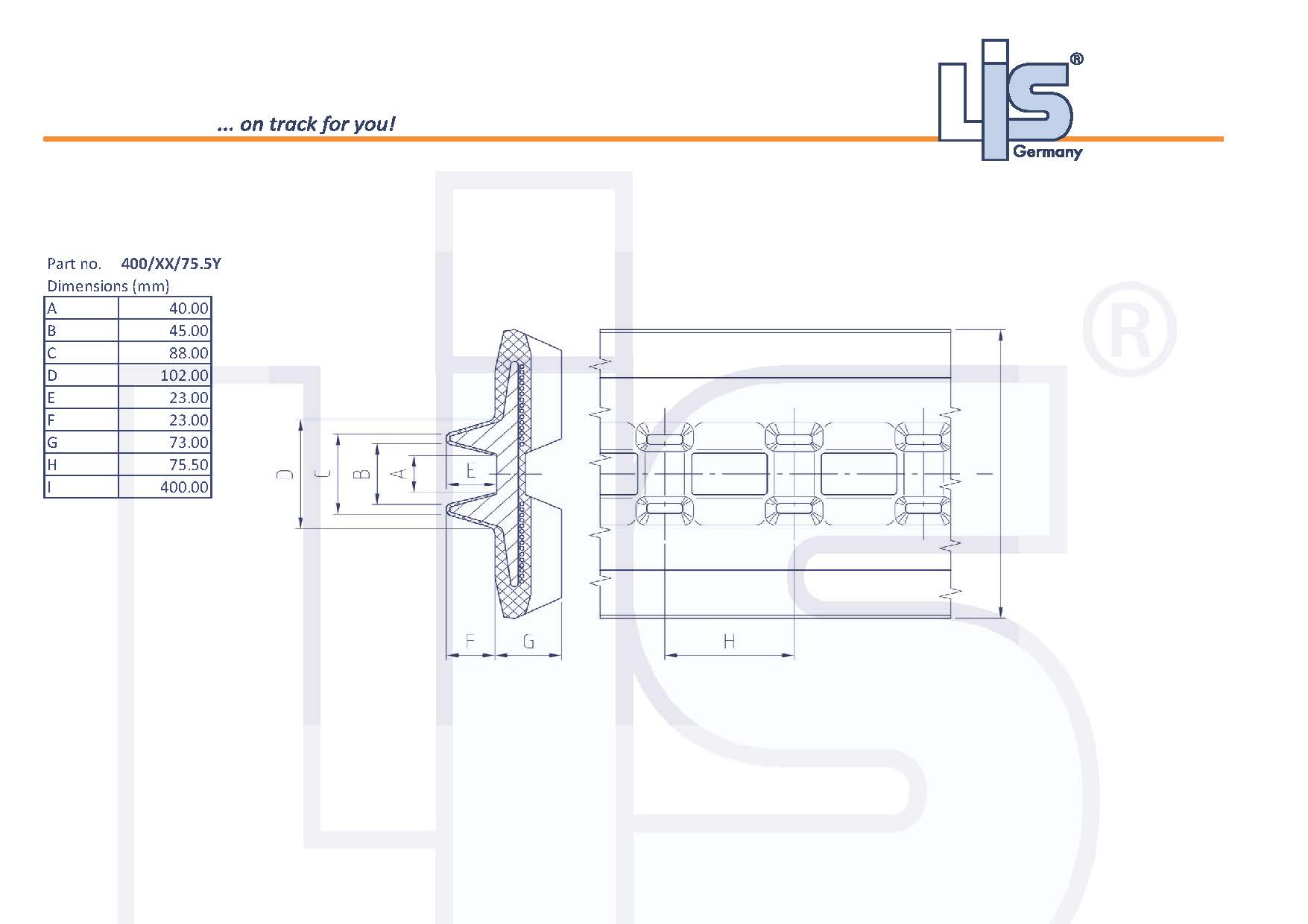 Technische Zeichnung der LIS® Gummikette 400x75.5x74Y mit allen Maßen und asymmetrischer Y-Innenspur.