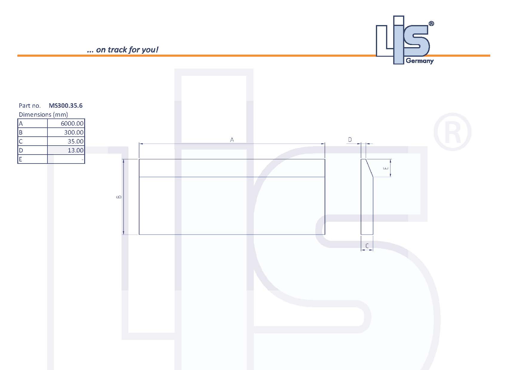 LIS® Messerstahl, Schürfleiste 300x35, 6m aus HB250 Technische Daten.