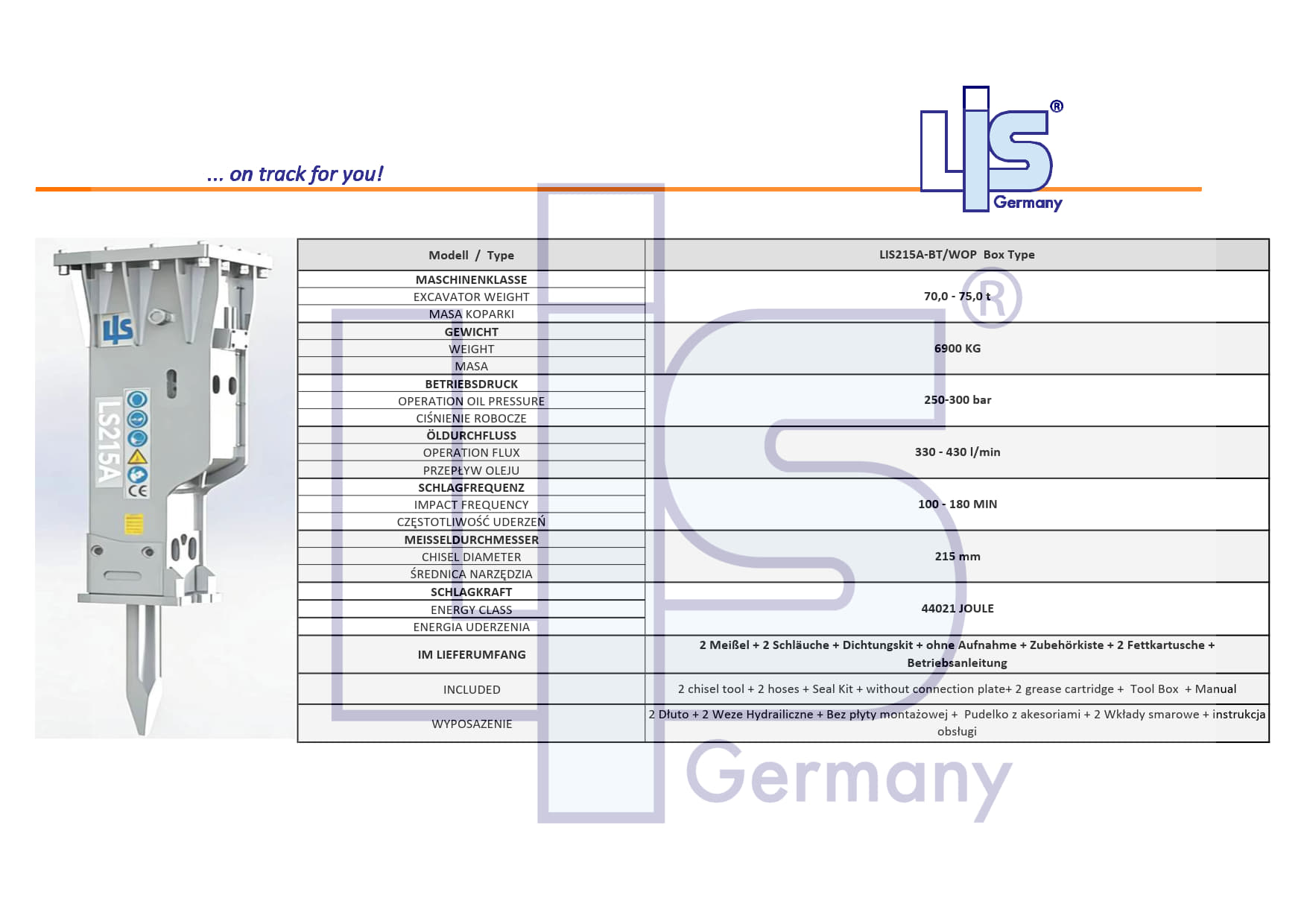 LIS® Hydraulic Hammer for Excavators 70 - 75
t | Without mounting