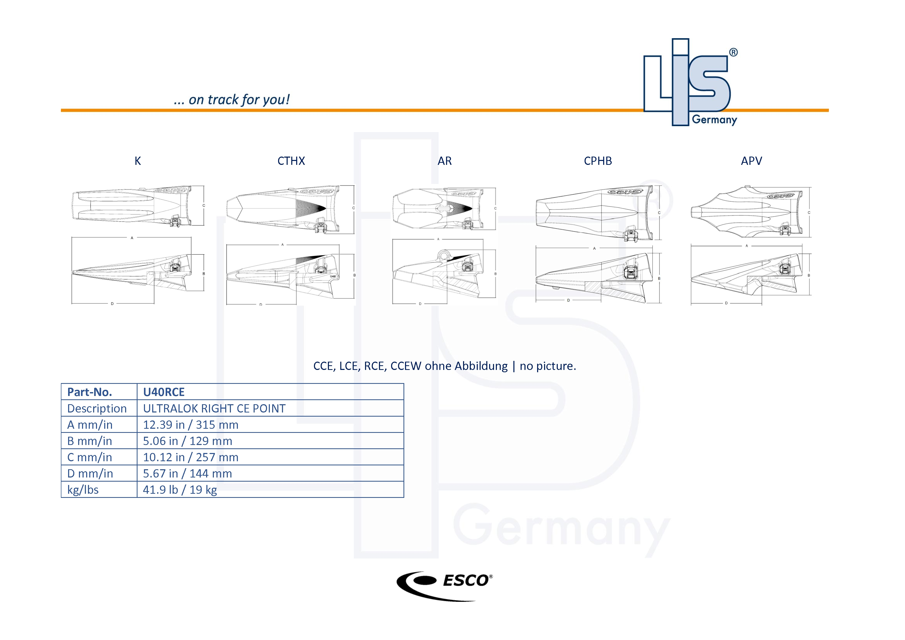 Ultralok U40RCE Zahnspitze rechter Eckzahn für ESCO Ultralok Zahnsystem