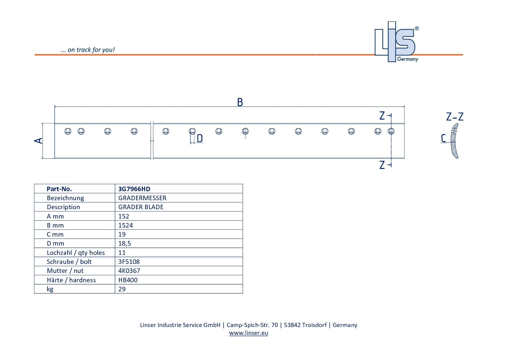 LIS® Gradermesser (Schneidmesser) 3G 7966
Hd (harte Ausführung) z.B. für CAT®
Motorgrader