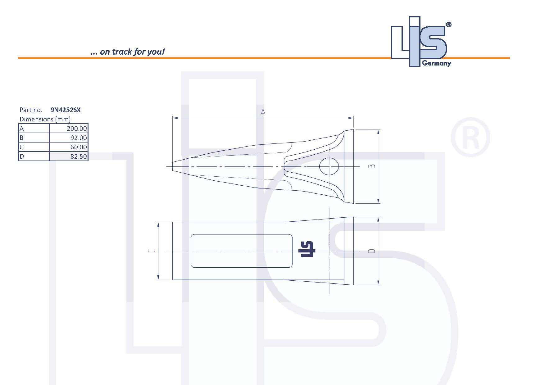 Technische Zeichnung Baggerzahn HD 9N4252SX cat J250 von LIS Germany