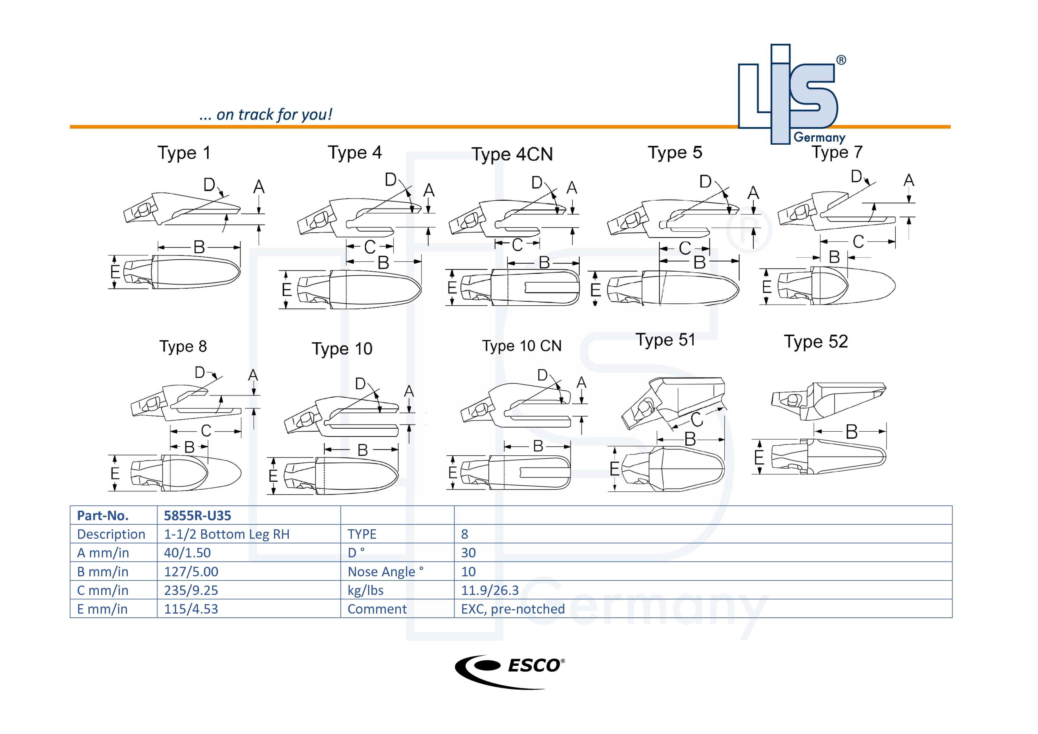 Technische Zeichnung ESCO® Ultralok® U35 Anschweißadapter RH 5855R-U35 mit Maßangaben A B C D