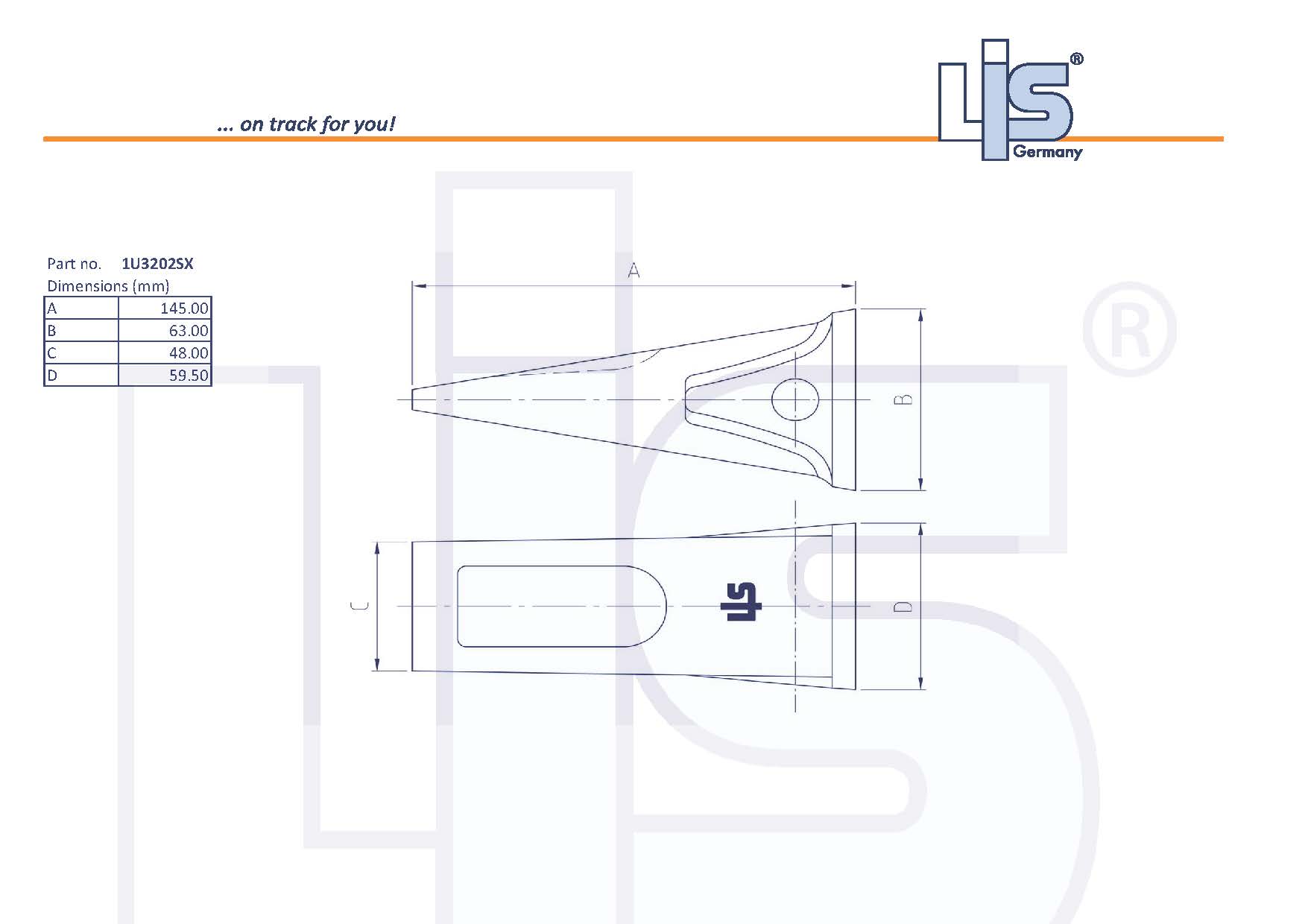 Technische Zeichnung Baggerzahn 1U3202SX  cat J200 von LIS Germany