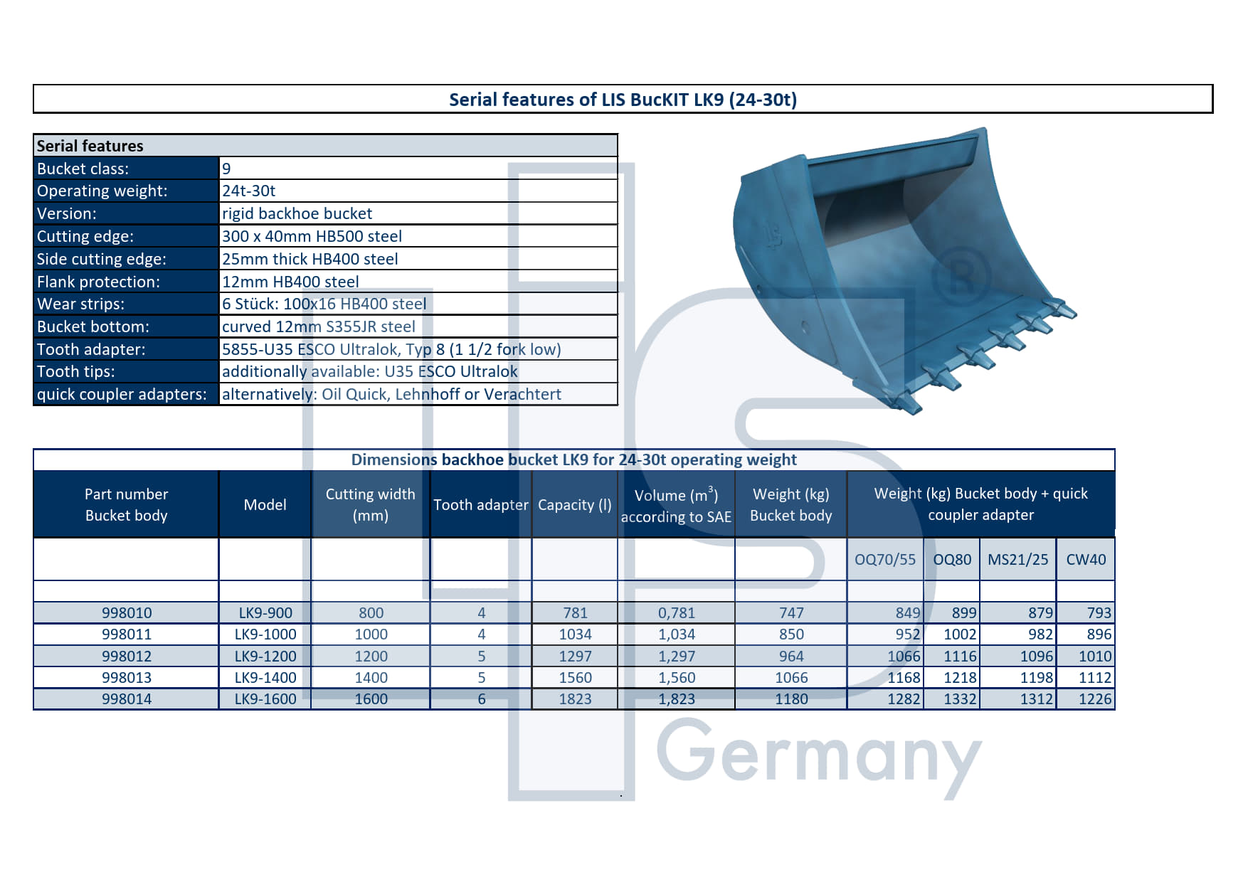 LIS Tieflöffel 24t - 30t / 1000 mm / mit Adapter für Lehnhoff MS21/25
