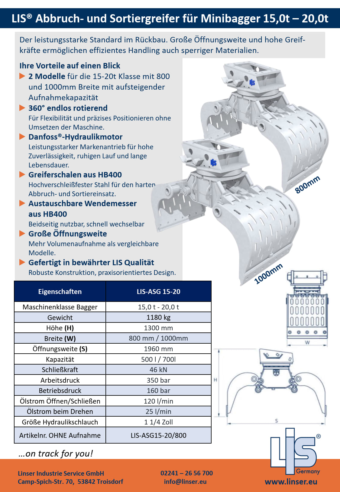 LIS® ASG800 Abbruch- und Sortiergreifer |
15,0–20,0 t Bagger