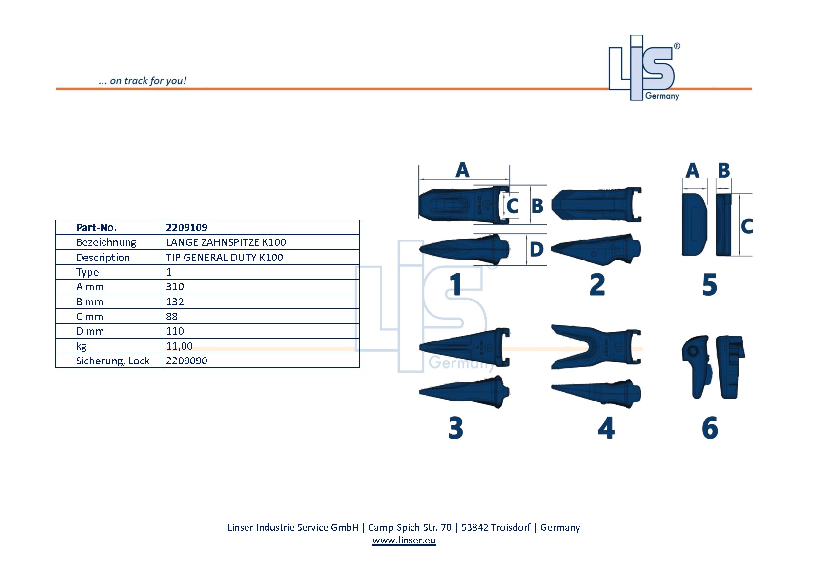 LIS® Zeichnung Baggerzahn K100 2209109 aus hochverschleißfestem Stahlguss für CAT K-System.