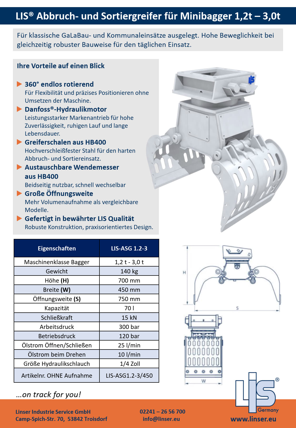 LIS® ASG450 Abbruch- und Sortiergreifer |
1,2–3,0 t Minibagger