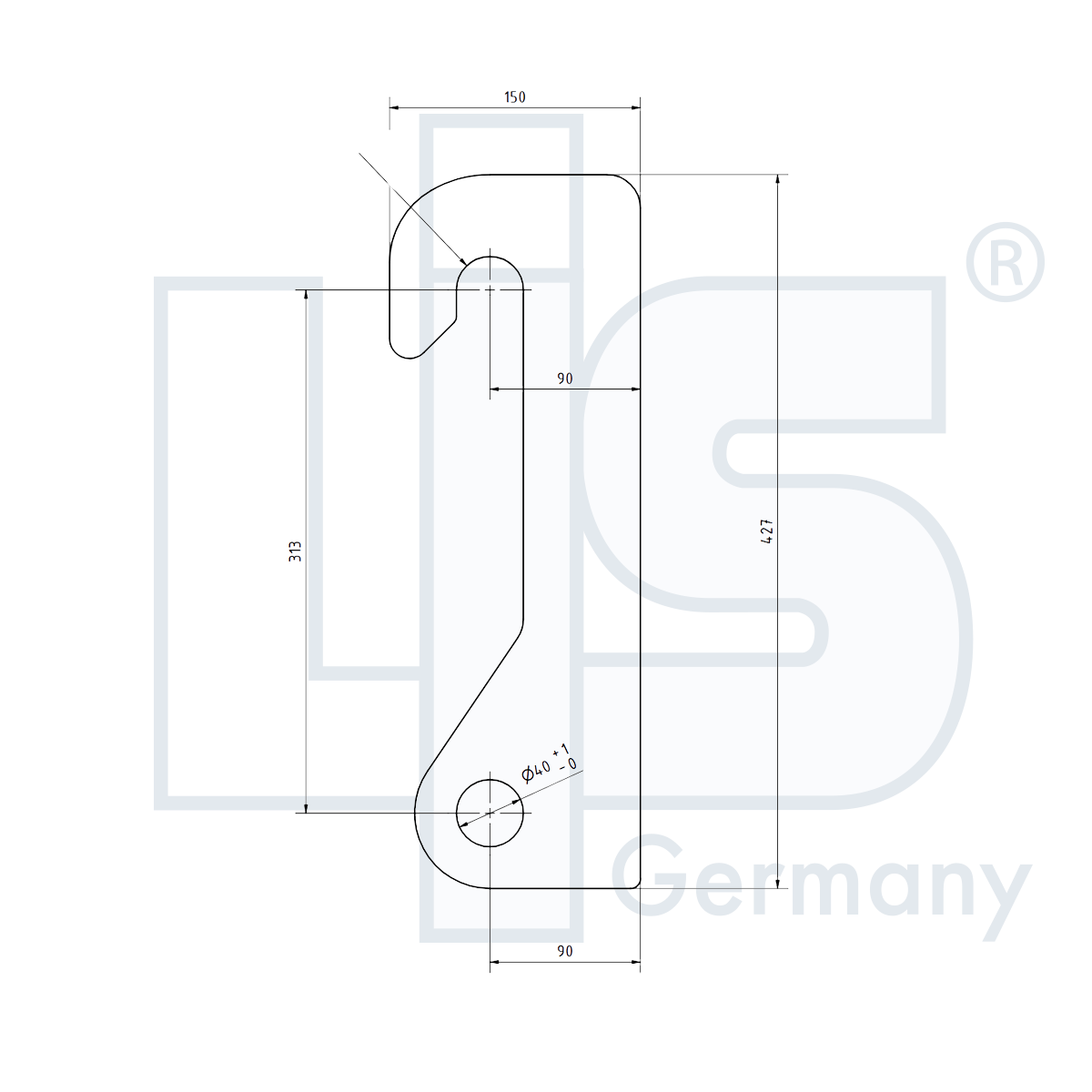 Technische Maße 313 mm Lochabstand, 40 mm Hakendurchmesser für JCB 409 und Volvo L30 Serie.