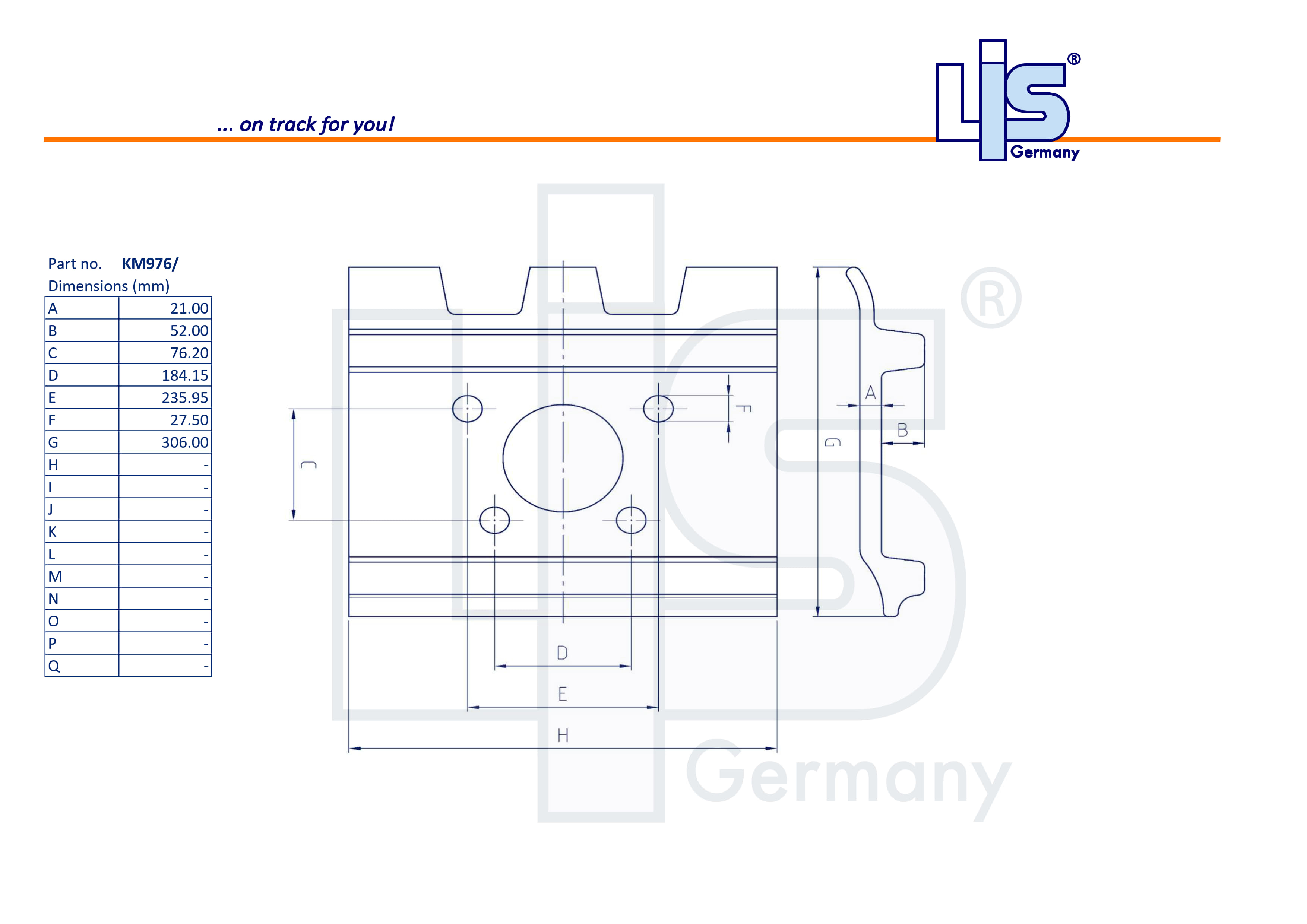 Technische Zeichnung LIS 2-Steg Bodenplatte 650 mm (KM976/650C) mit Lochbild Maßen