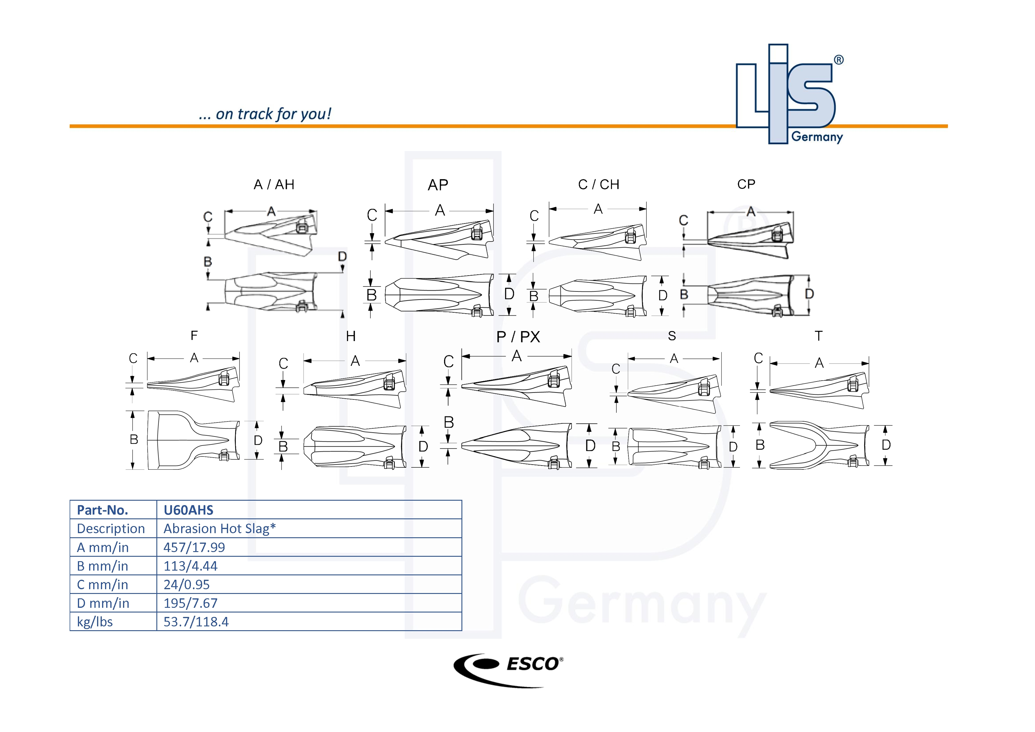 Technische Zeichnung ESCO® Ultralok® U60 Laderzahn – U60AHS (Abrasivzahn) mit Maßangaben A B C D