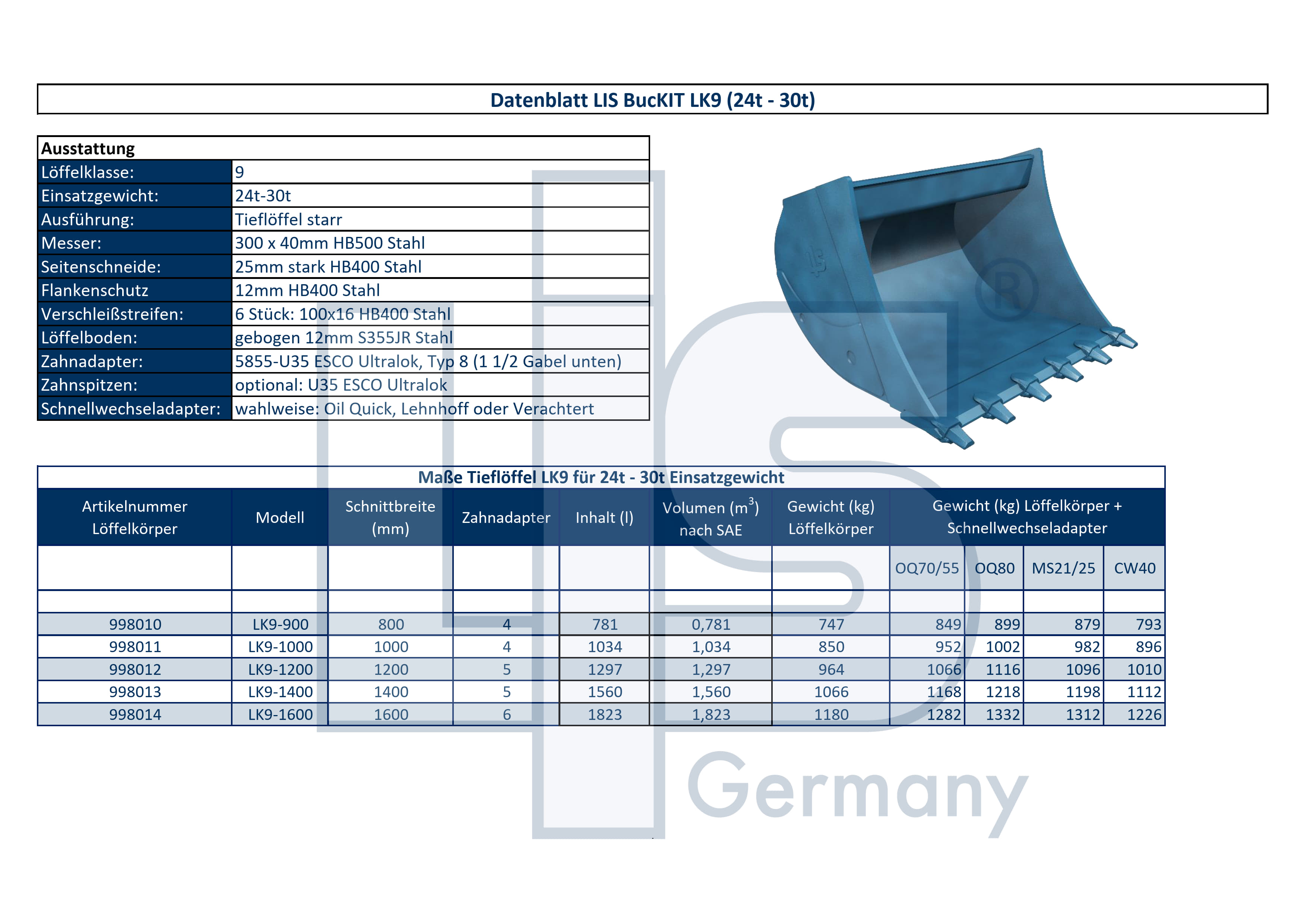 LIS Tieflöffel 24t - 30t / 1000 mm / mit Adapter für Lehnhoff MS21/25