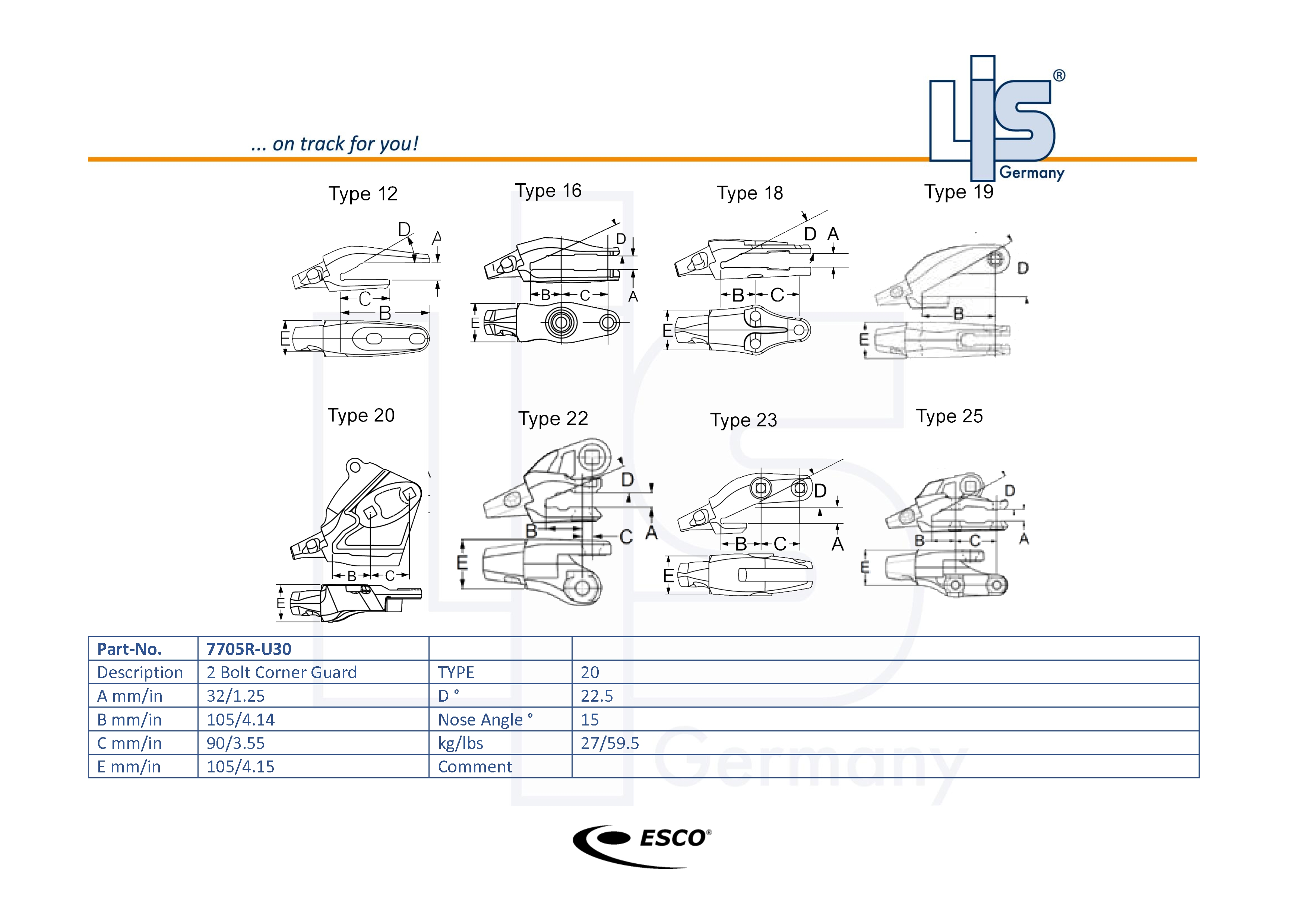 ESCO® Ultralok® U30 Anschraub-Adapter
Seite Rechts – 7705R-U30 (Typ 20 | 2 Bolt
Corner Guard)