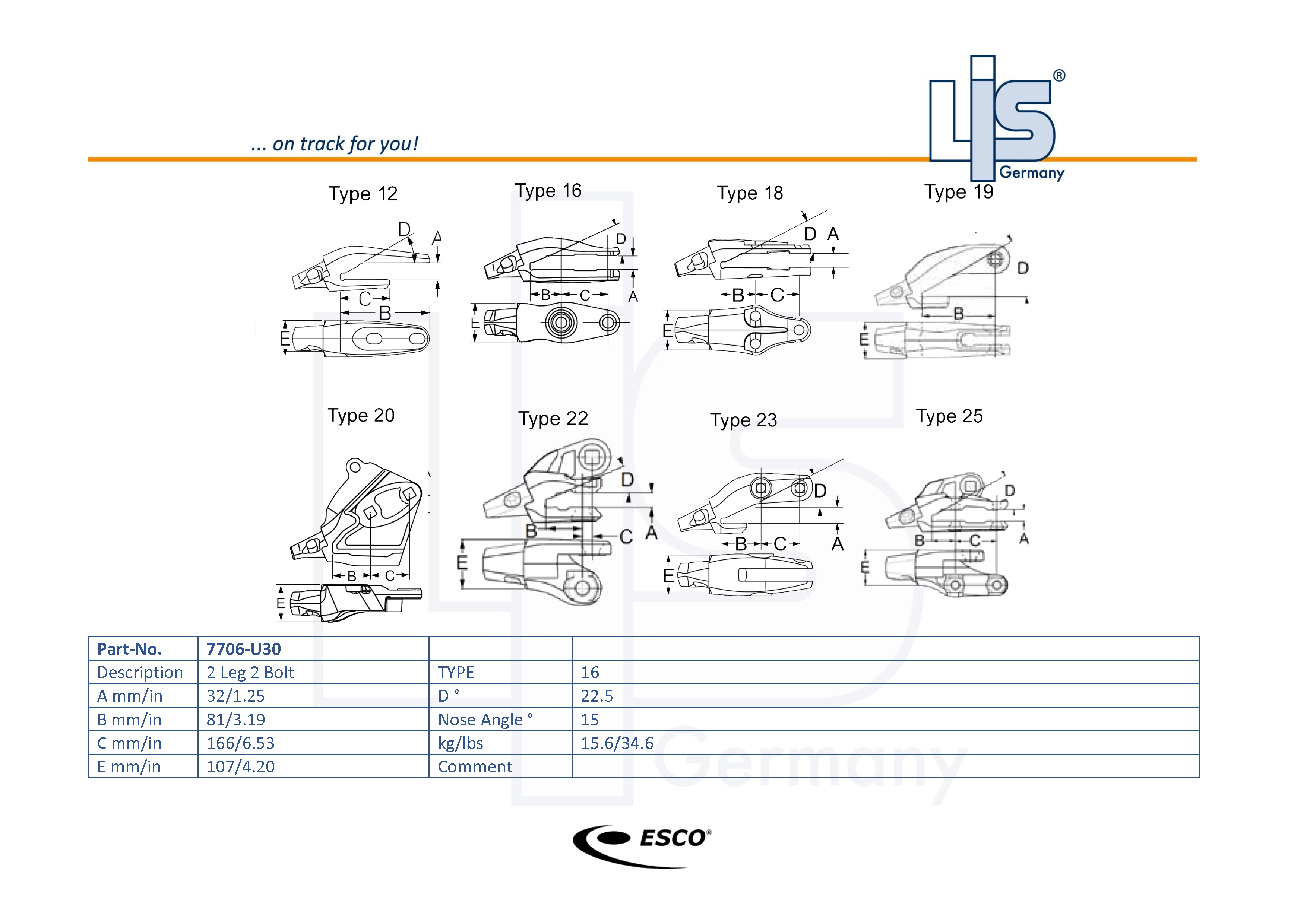 Technische Zeichnung ESCO® Ultralok® U30 Anschraub-Adapter – 7706-U30 mit Maßangaben A B C D