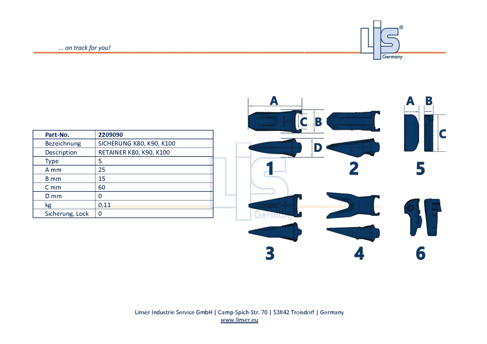 LIS® Zeichnung Sicherung 2209090 aus hochfestem Stahl für CAT K-System K80, K90, K100.