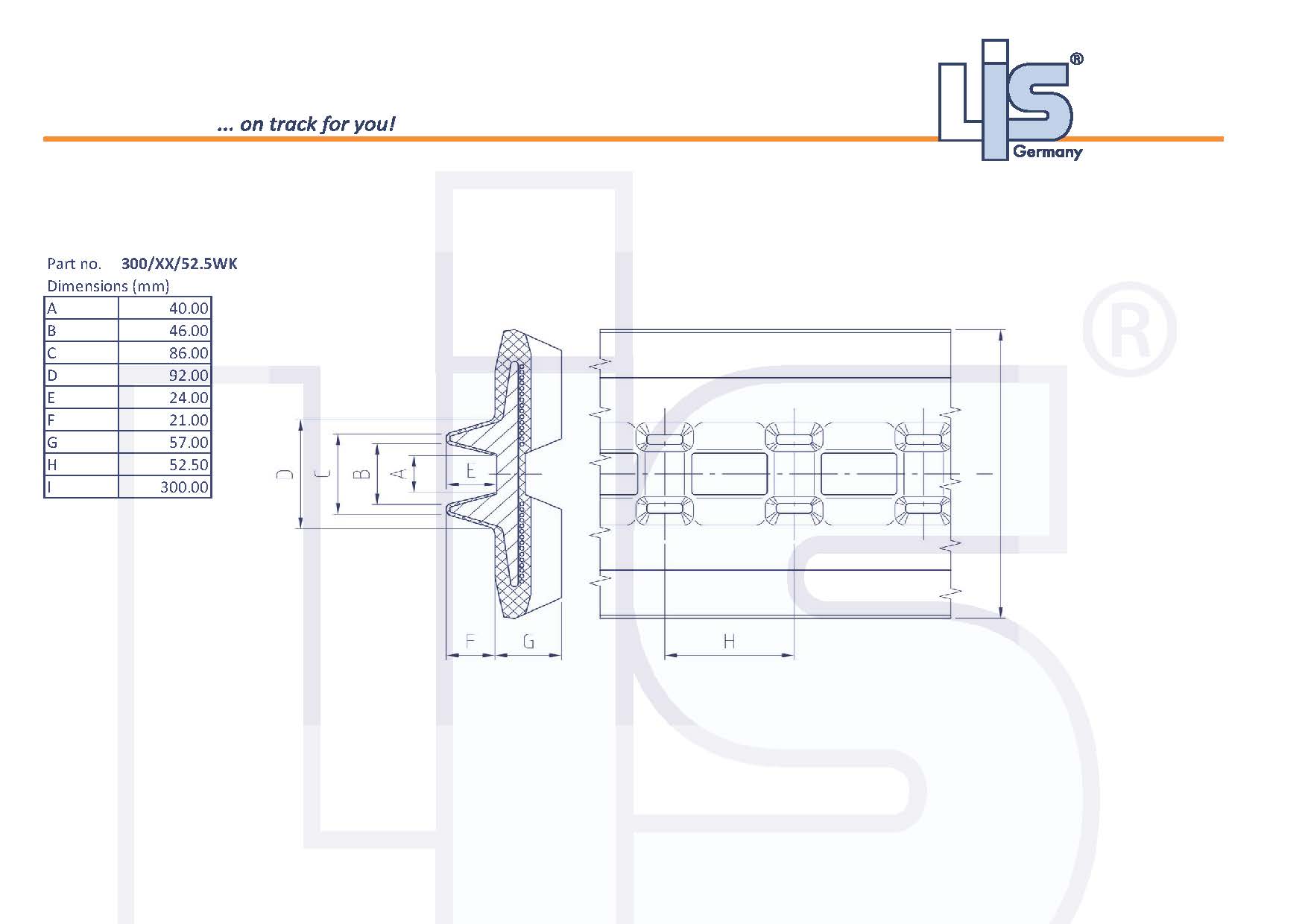 Technische Zeichnung der LIS® Gummikette 300x52.5x88WK mit allen Maßen.