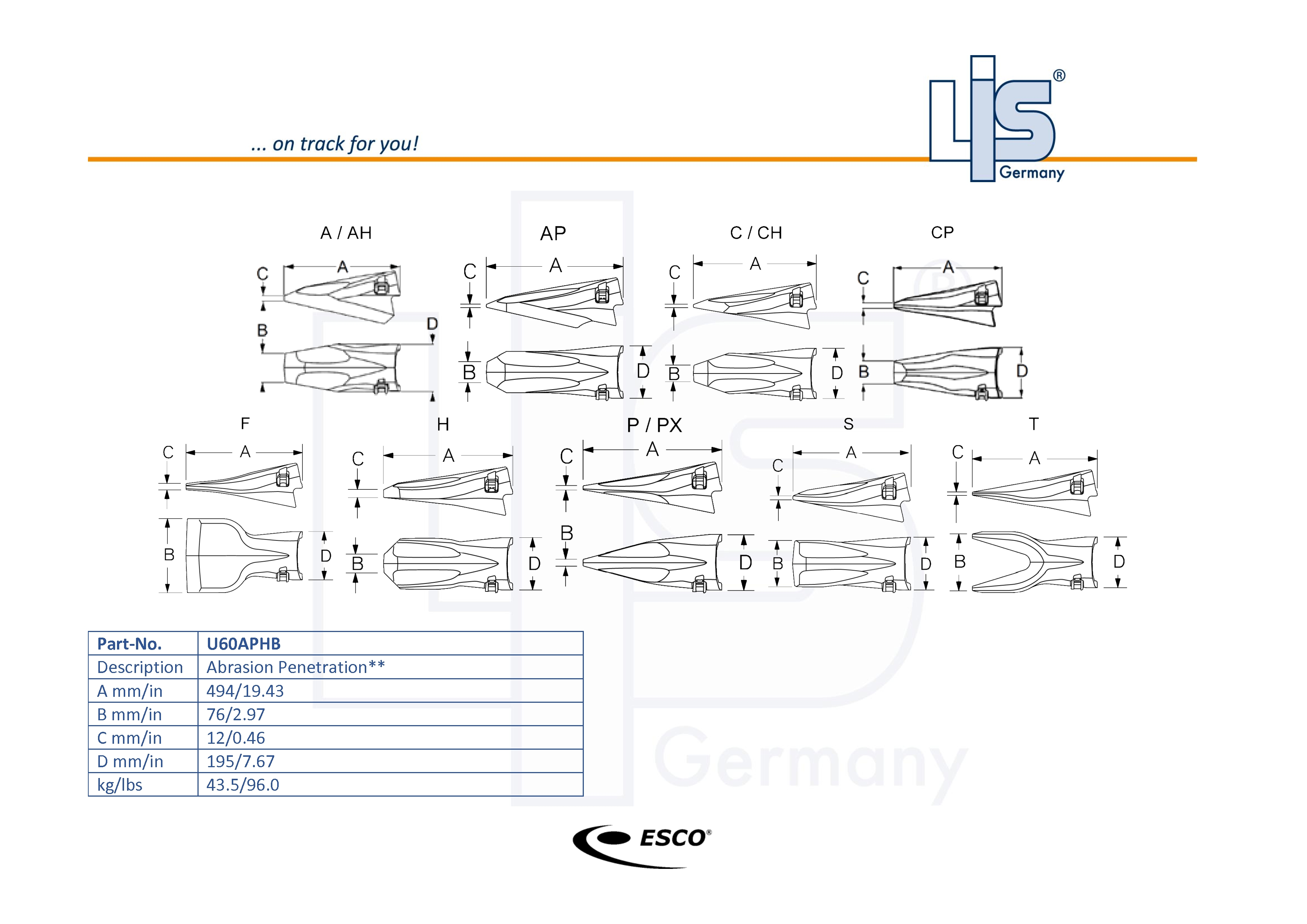 Technische Zeichnung ESCO® Ultralok® U60 Laderzahn – U60APHB (Abrasiv-Penetrationszahn) mit Maßangaben A B C D