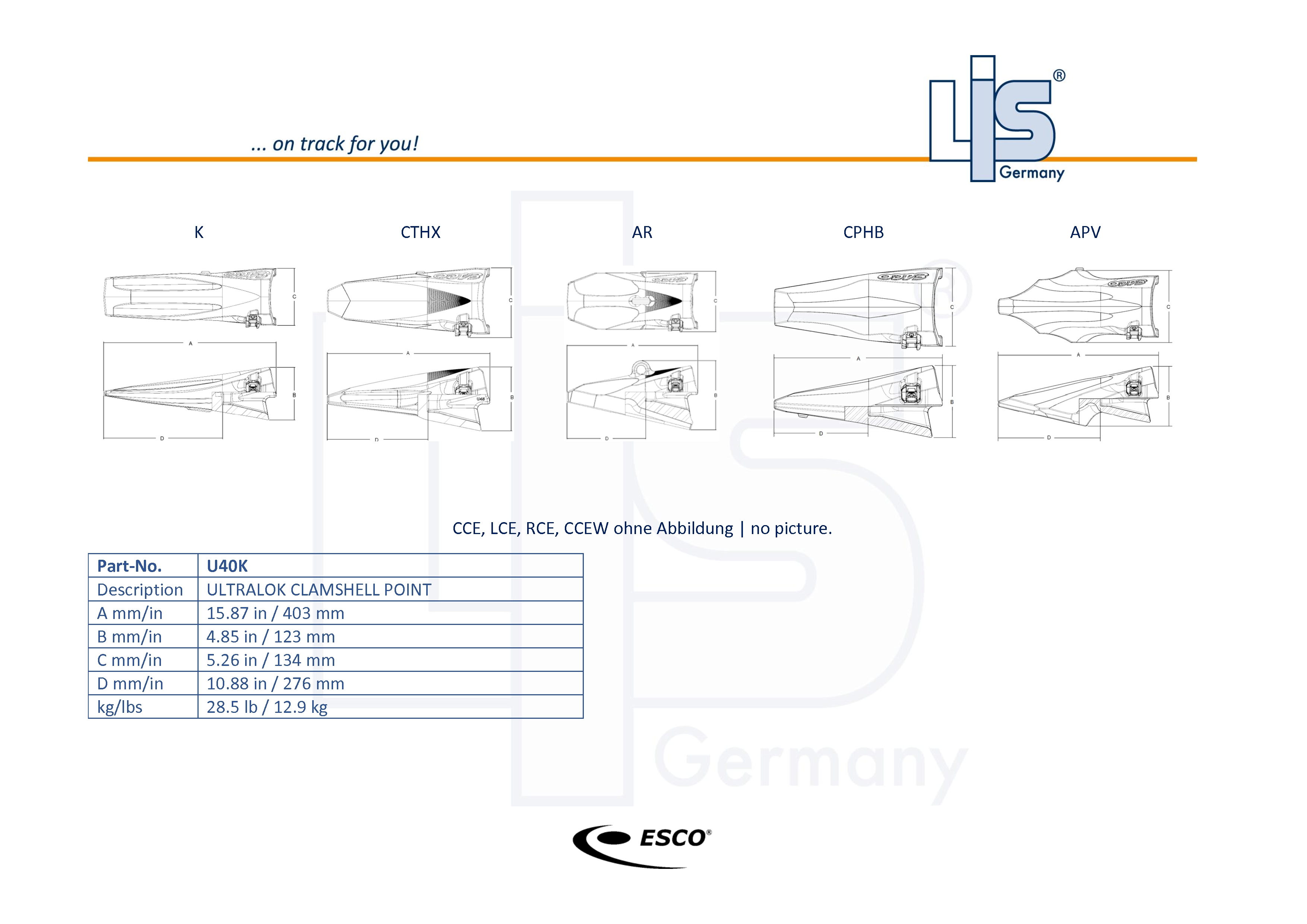 Ultralok U40K Clamshell Greiferzahn für ESCO Ultralok Zahnsystem