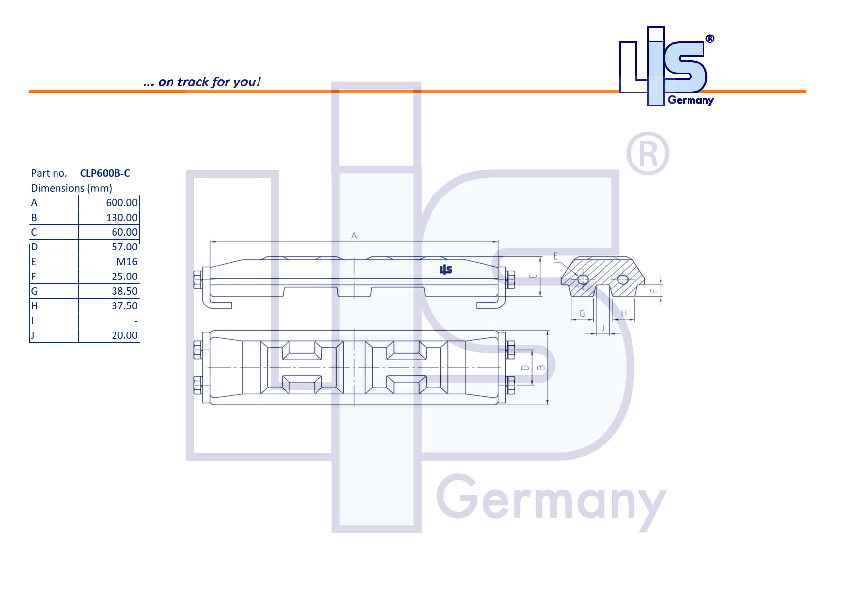 Technische Zeichnung LIS® Gummipad CLP600B (Clip-on): Breite 600mm, Pad-Tiefe 130mm, Höhe 70mm, Kettenteilung 171mm, passend