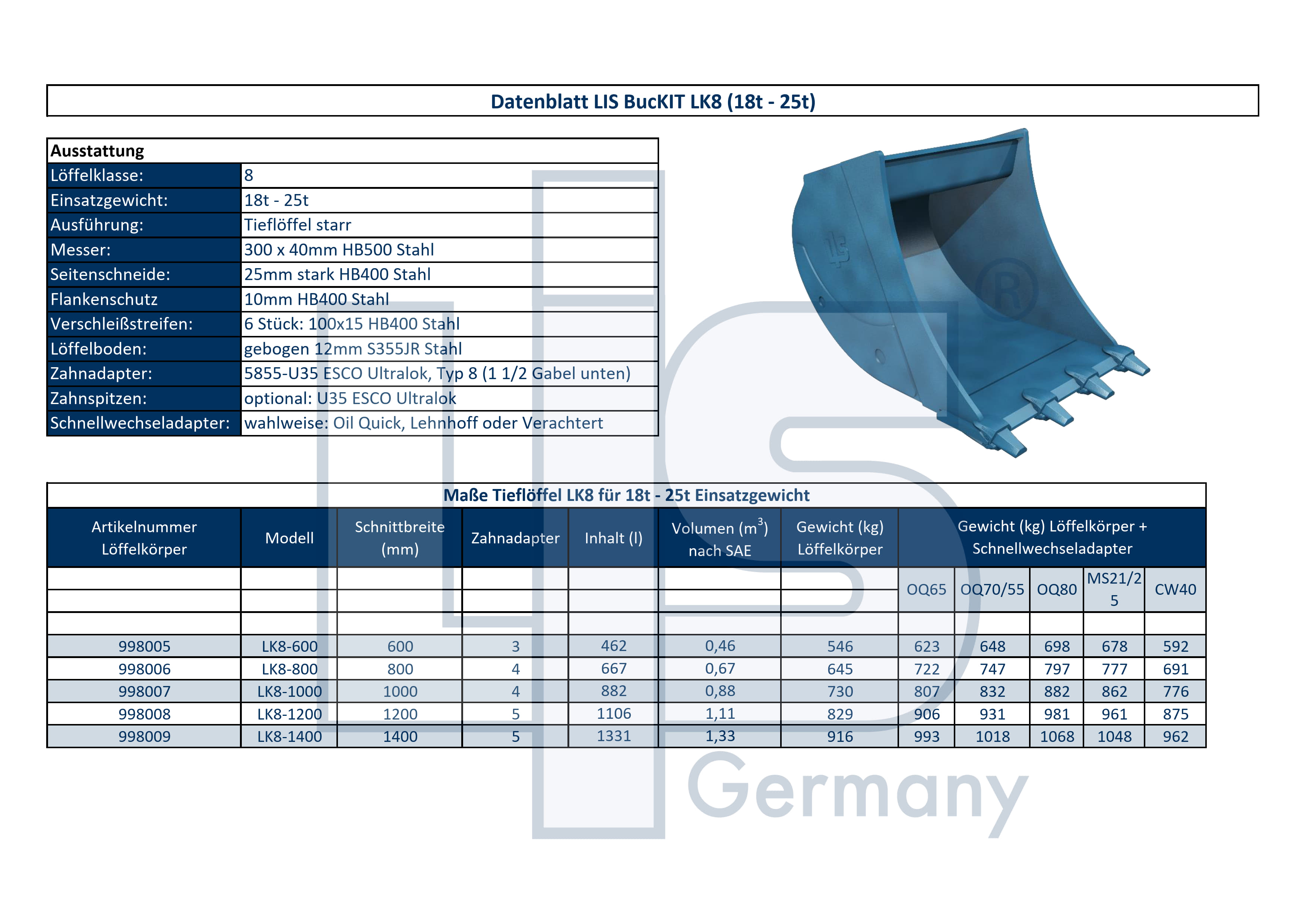 LIS Tieflöffel 18t - 25t / 600 mm / mit Adapter für Verachtert CW40