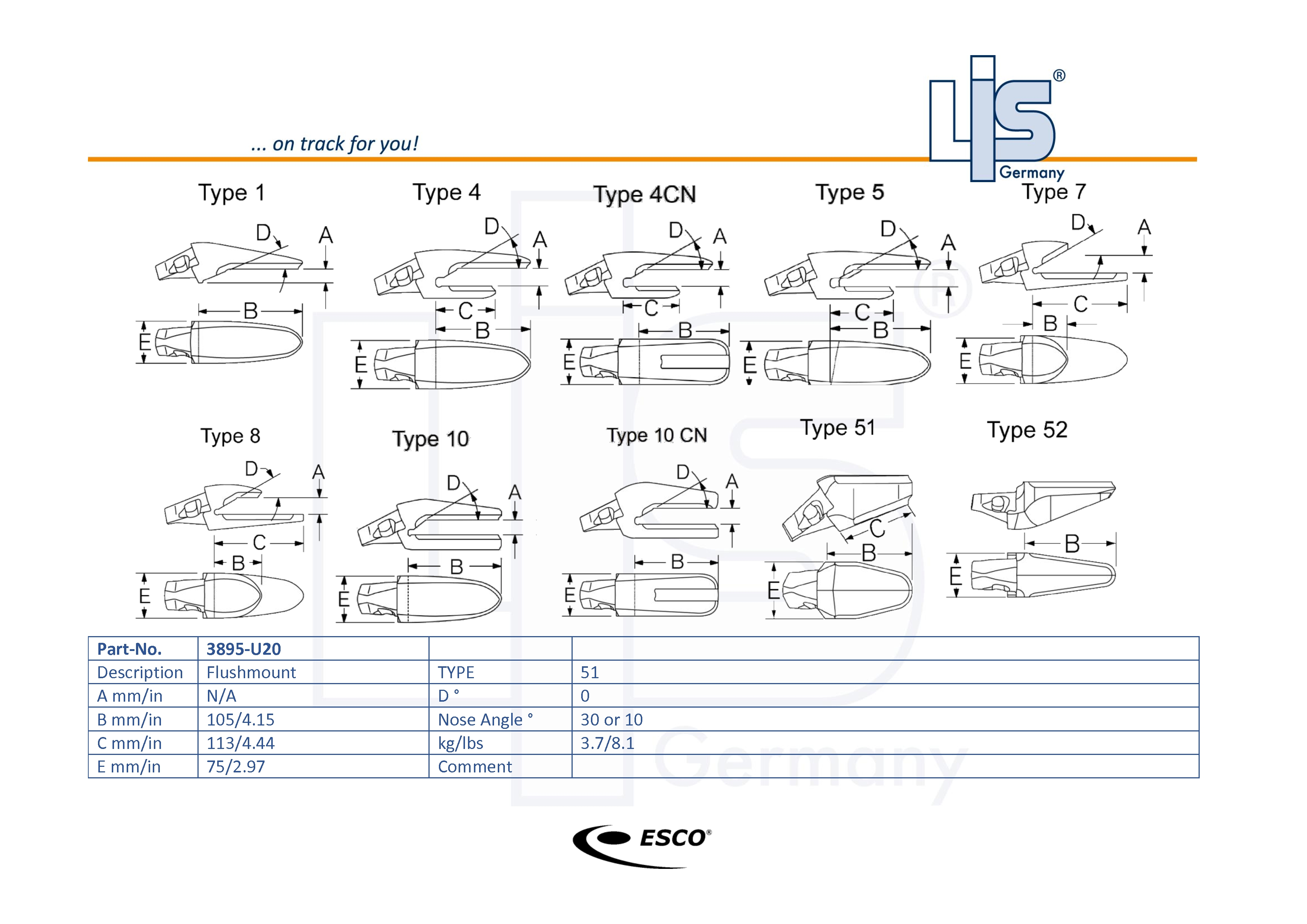 Technische Zeichnung ESCO® Ultralok® U20 Adapter 3895-U20 mit Maßangaben