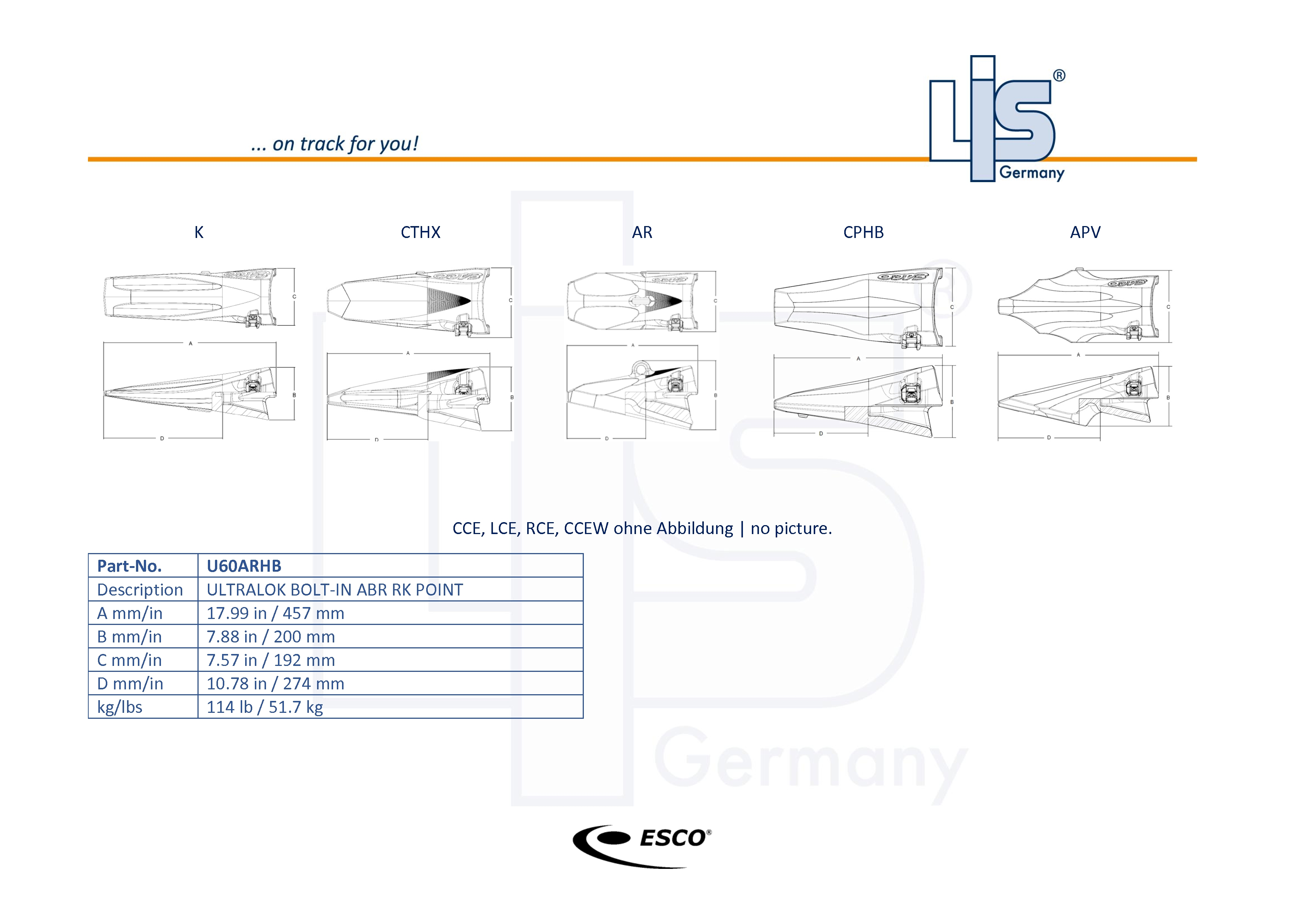 Technische Zeichnung ESCO® Ultralok® U60 Laderzahn – U60ARHB (Abrasiv-Felszahn) mit Maßangaben A B C D