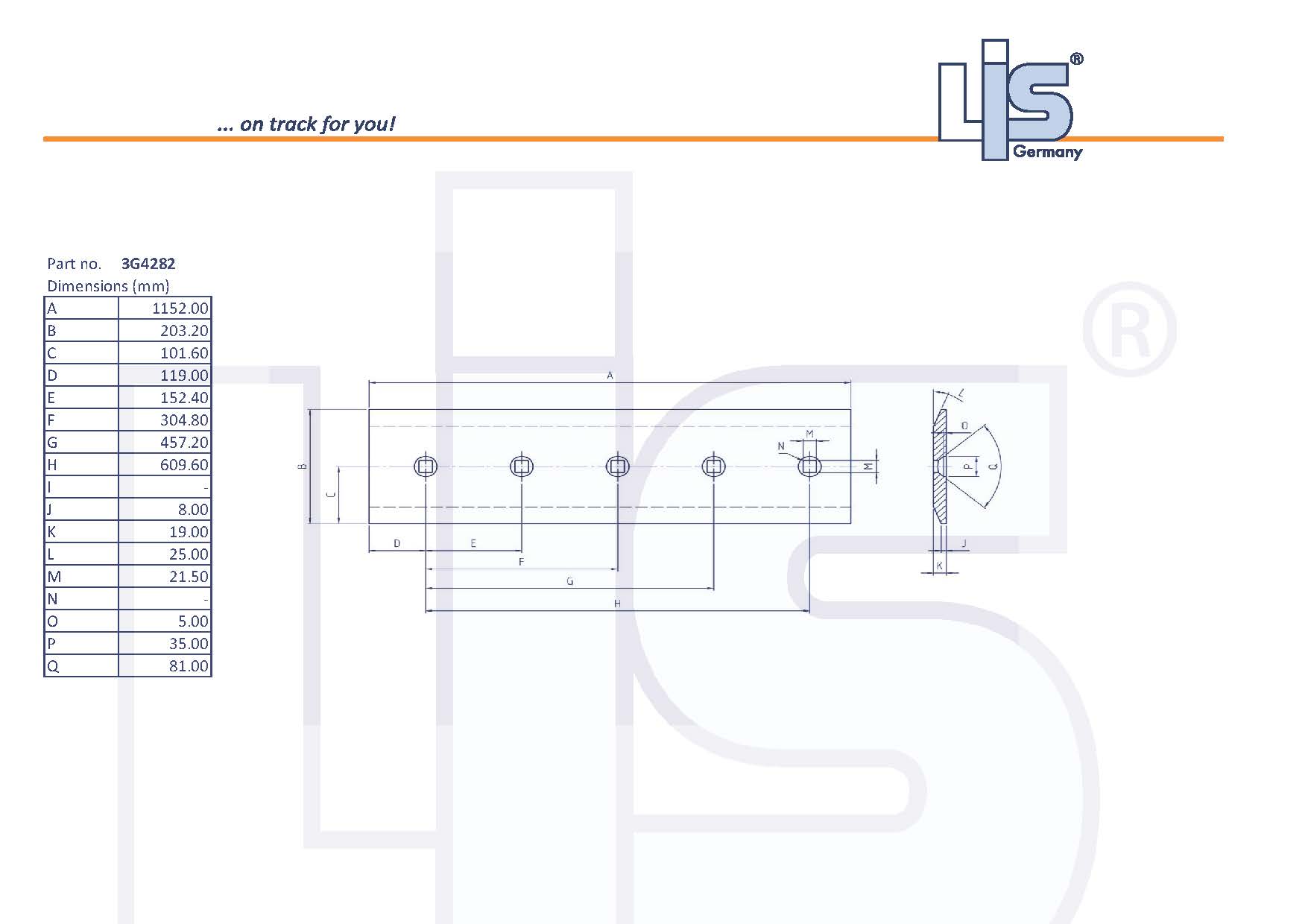 LIS® Mittelmesser, Planiermesser für Bagger- und Radladerschaufeln. Technische zeichnung 3G4282