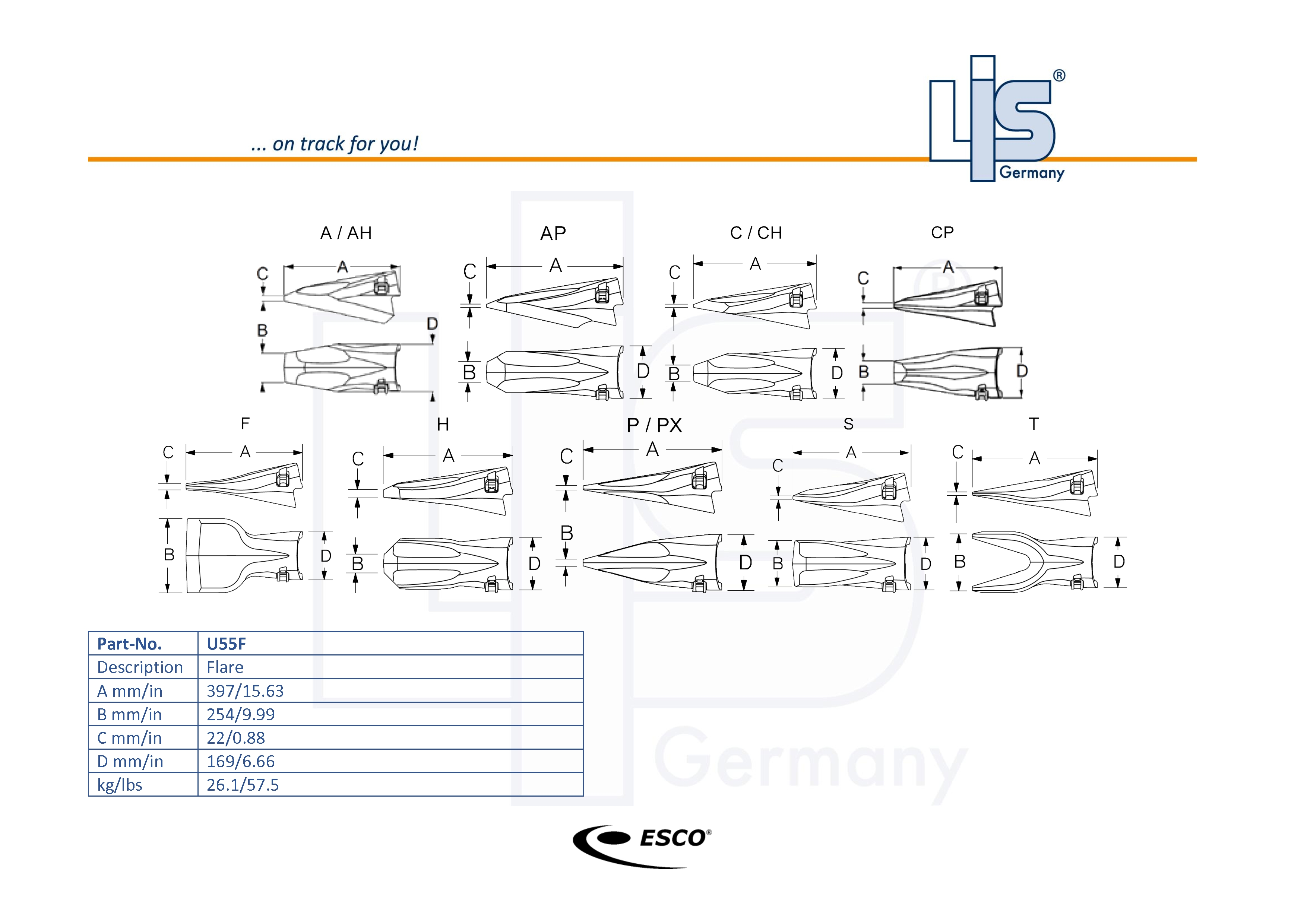 Technische Zeichnung ESCO® Ultralok® U55 Baggerzahn – U55F (Spatenzahn) mit Maßangaben A B C D