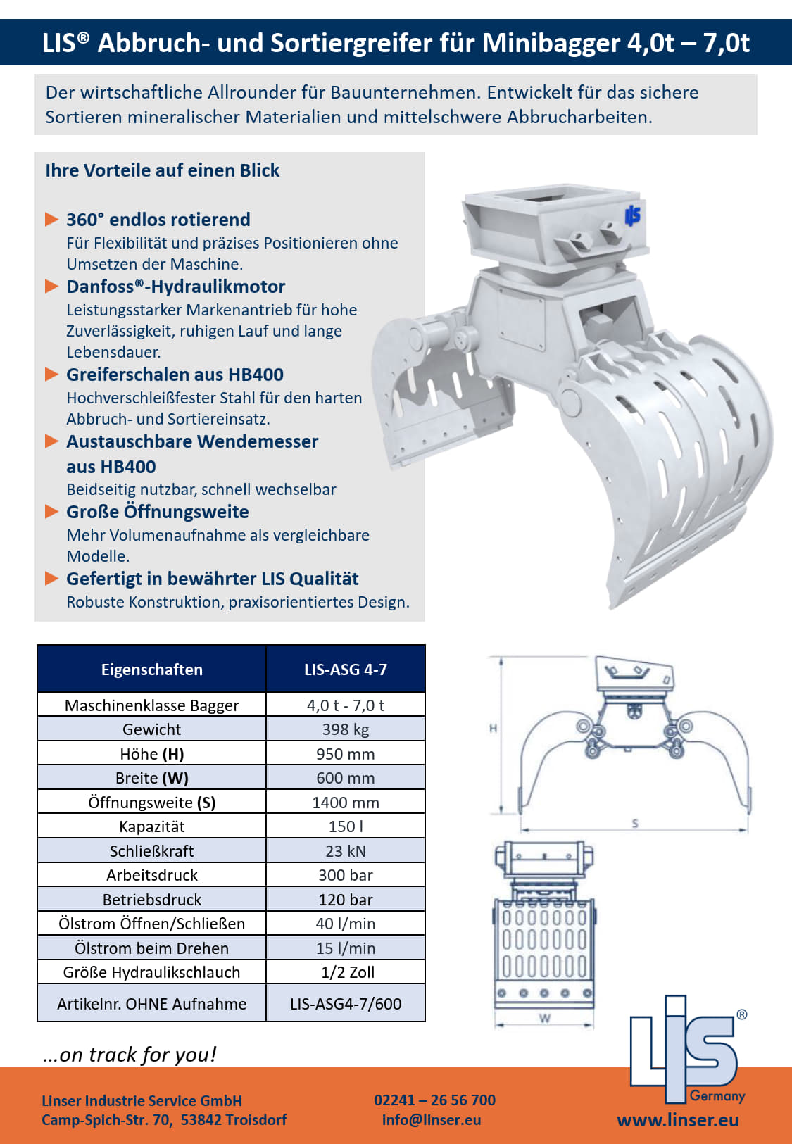 LIS® ASG600 Abbruch- und Sortiergreifer |
4,0–7,0 t Bagger
