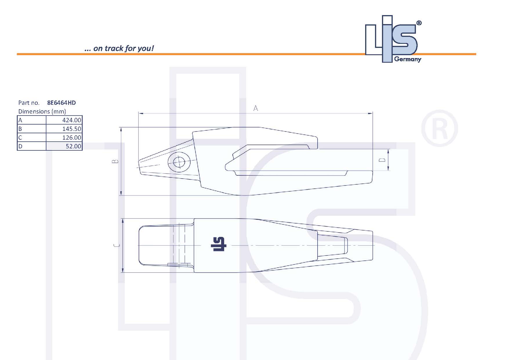 Technische Zeichnung Zahnadapter 8E6464HD für cat J460 von LIS Germany