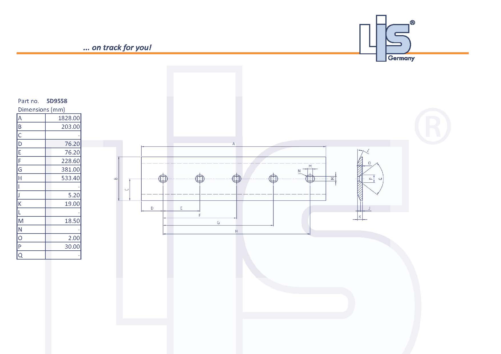 Hochverschleißfestes LIS® Gradermesser 5D 9558 mit gebogenen Schneidkanten für CAT® Technische daten