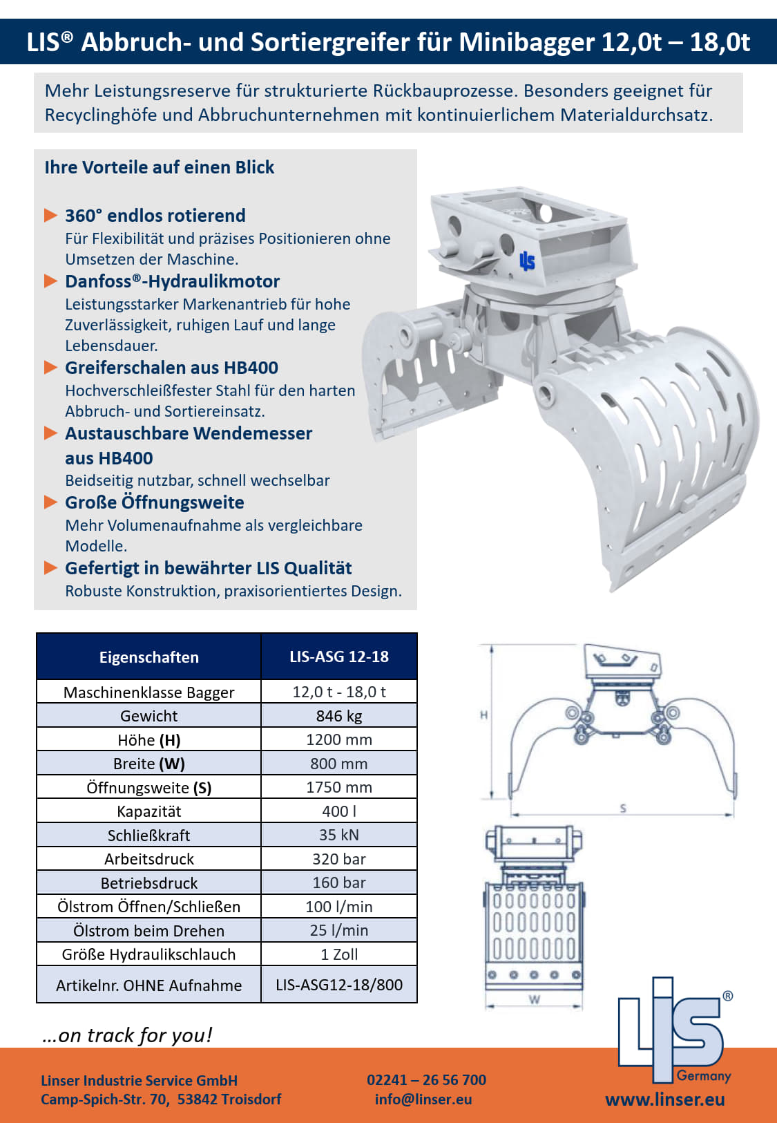 LIS® ASG800 Abbruch- und Sortiergreifer |
12,0–18,0 t Bagger