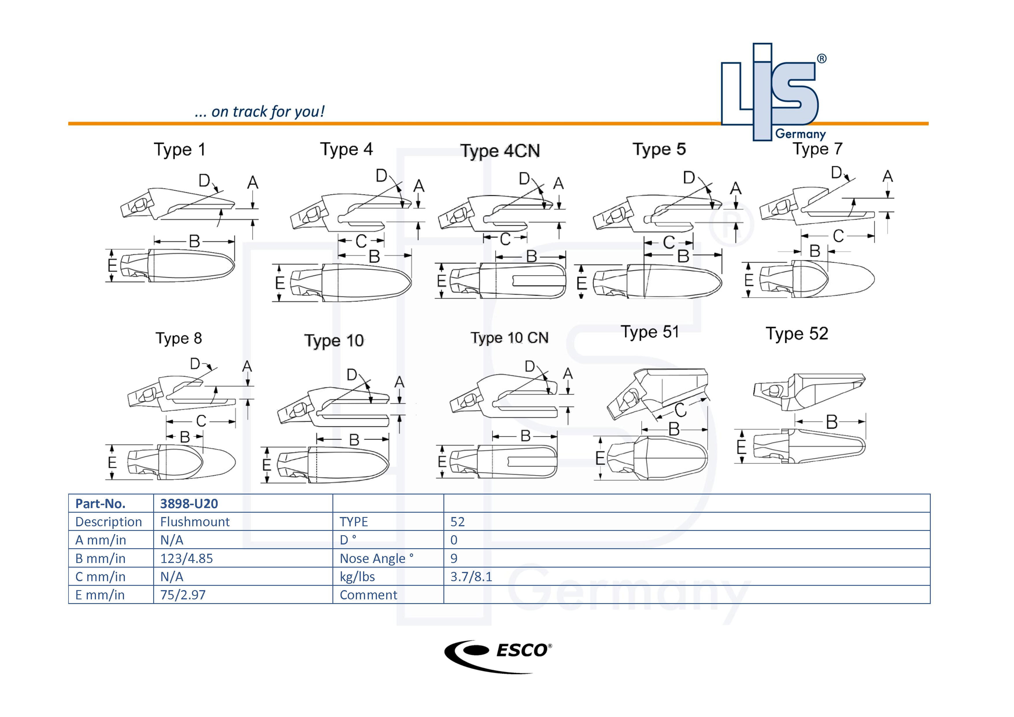 Technische Zeichnung ESCO® Ultralok® U20 Adapter 3898-U20 mit Maßangaben
