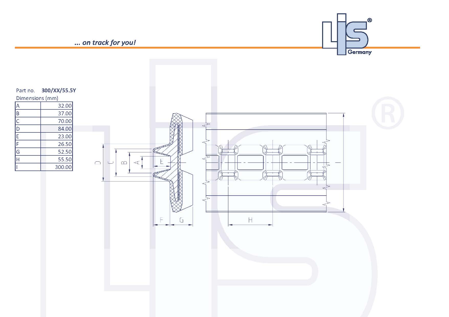 Technische Zeichnung der LIS® Gummikette 300x55.5x78Y asymmetrisch mit allen Maßen.