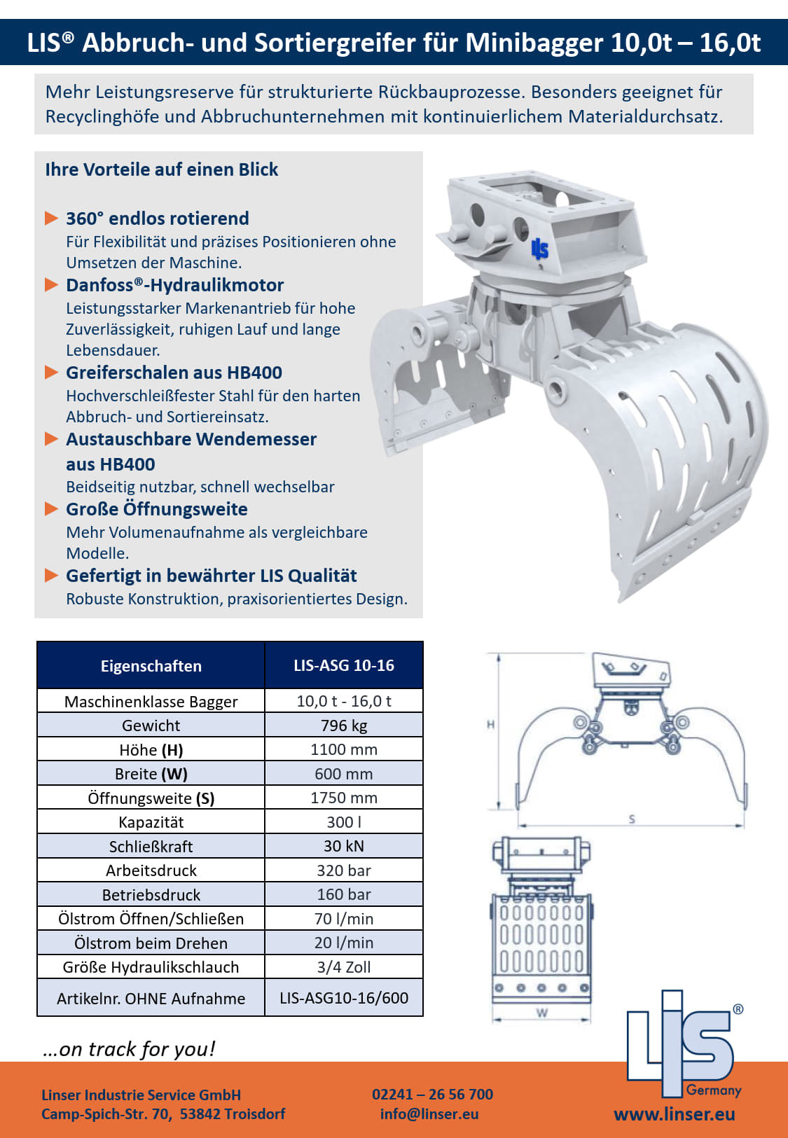 LIS® ASG600 Abbruch- und Sortiergreifer |
10,0–16,0 t Bagger