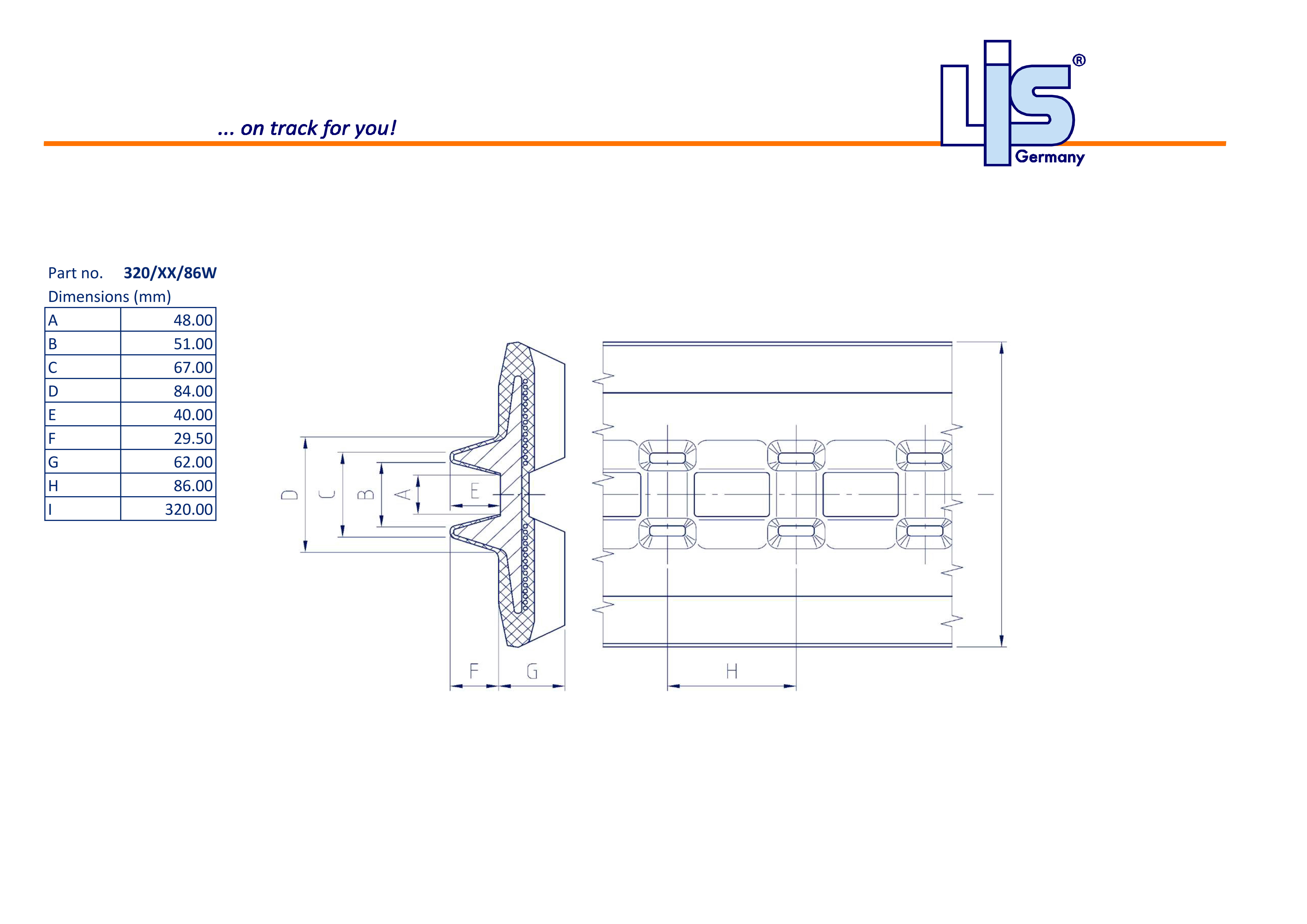 Technische Zeichnung der LIS® Gummikette 320x86x52W mit allen Maßen.