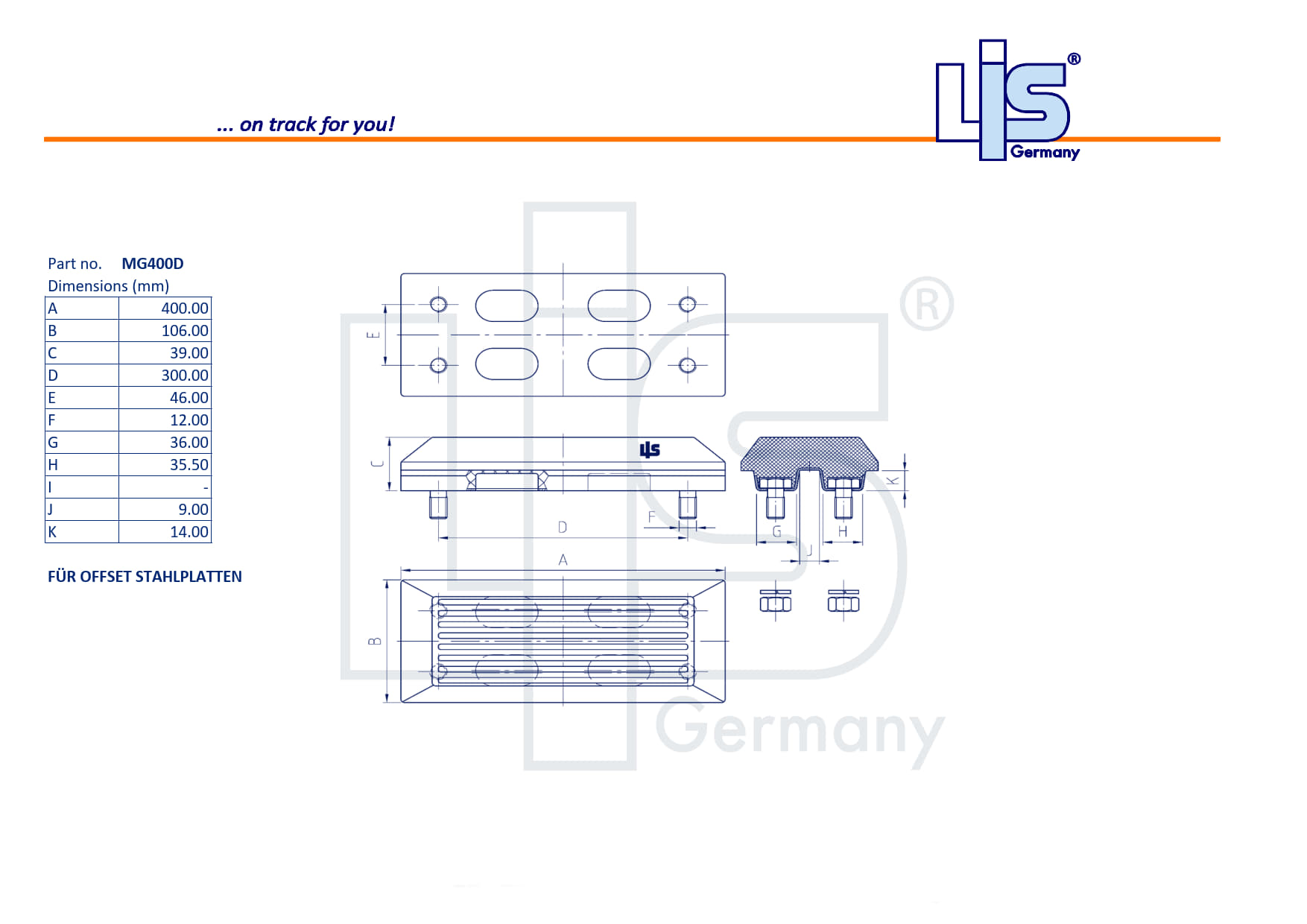 Technische Zeichnung LIS® Gummipad MG400D (Bolt-on, asymmetrisch): Breite 400mm, Pad-Tiefe 105mm, Höhe 38mm, Kettenteilung 13