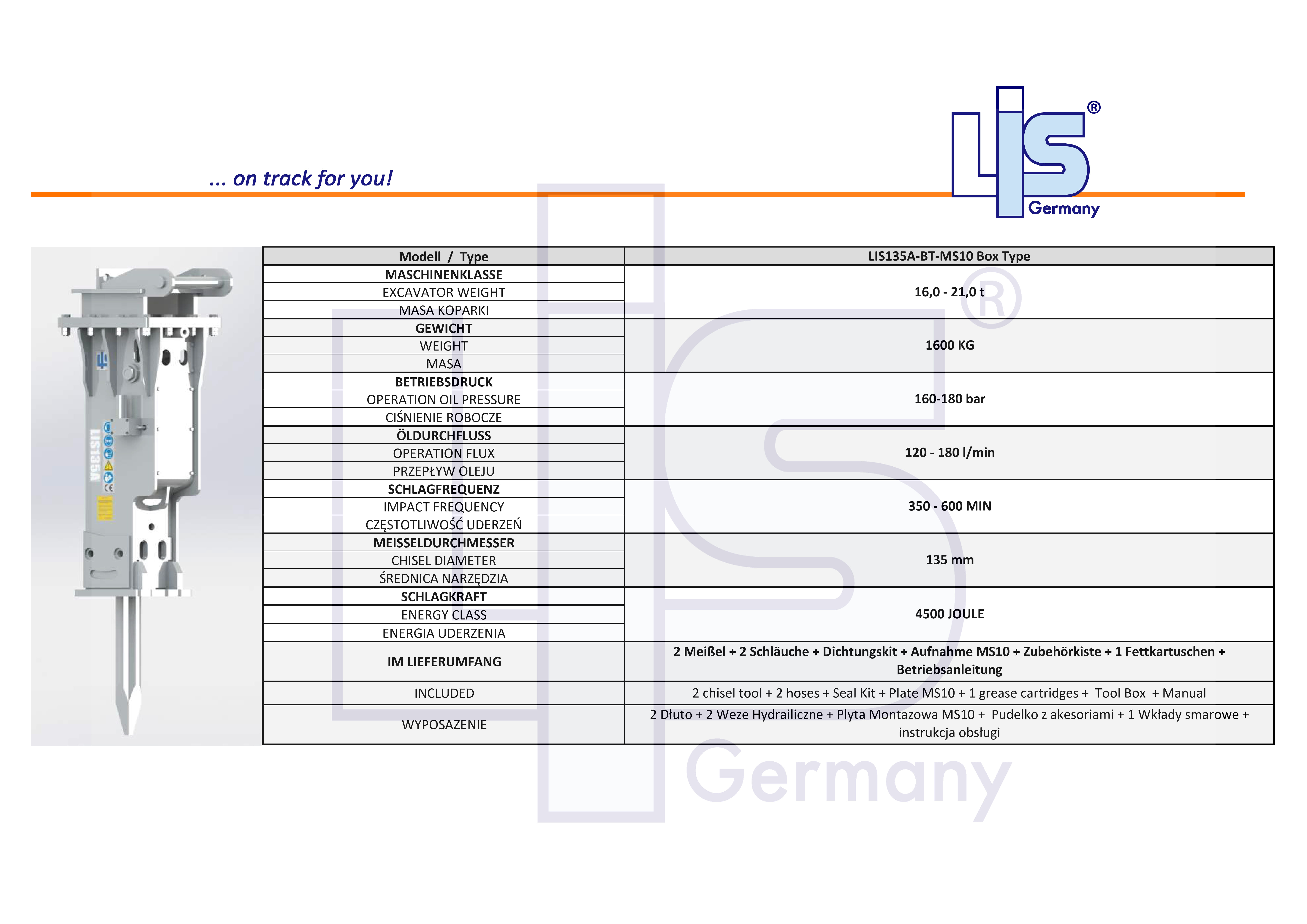 LIS Hydraulikhammer 16,0t - 21,0t Bagger mit
Adapter für MS10