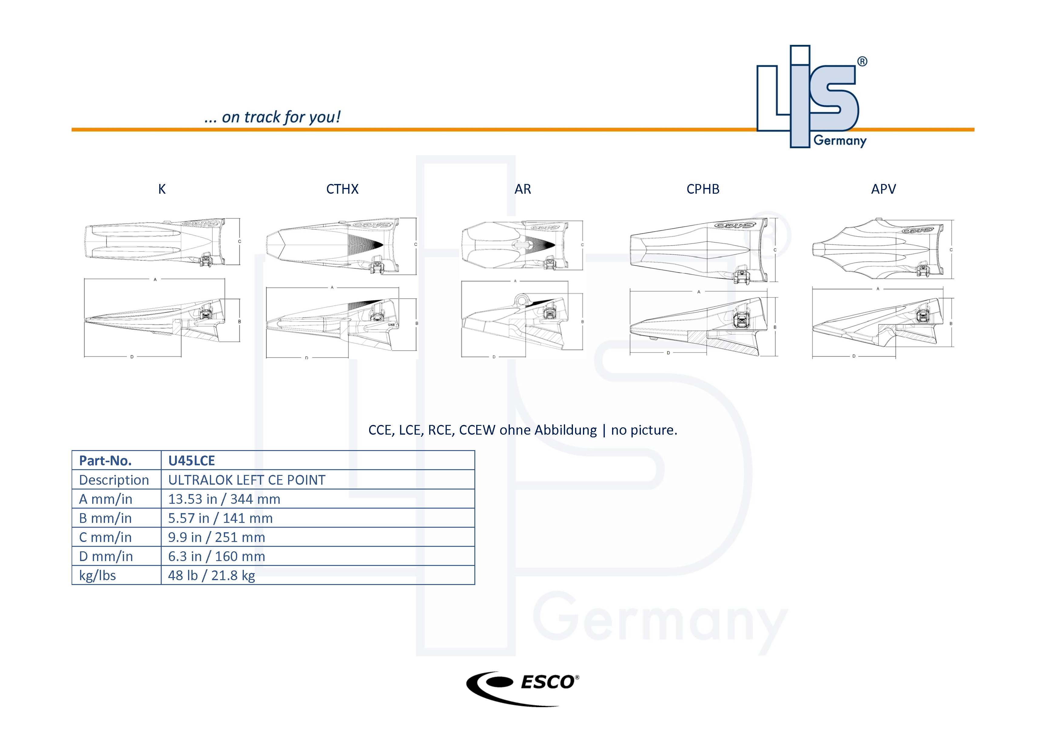 Technische Zeichnung ESCO® Ultralok® U45 Eckzahn links für durchgehende Schneide – U45LCE (Continuous Edge Left Corner) mit M