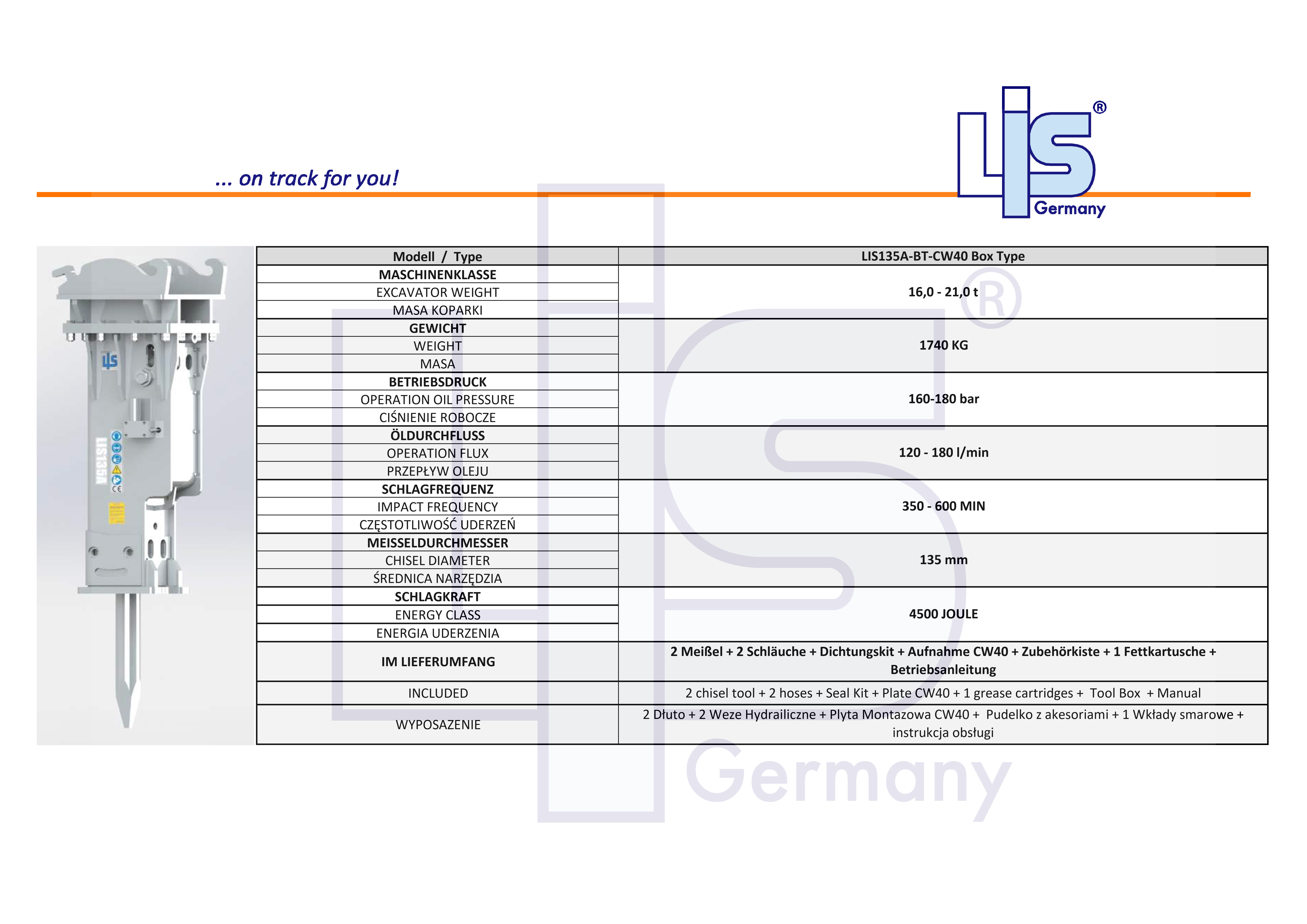 LIS Hydraulikhammer 16,0t-21,0t Bagger mit
Aufnahme für CW40