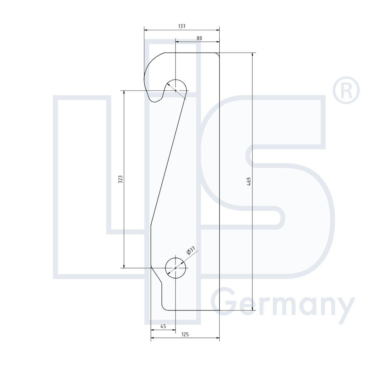 Technische Zeichnung: 313 mm Lochabstand, 37 mm Lochdurchmesser und 40 mm Hakendurchmesser für JCB 403.