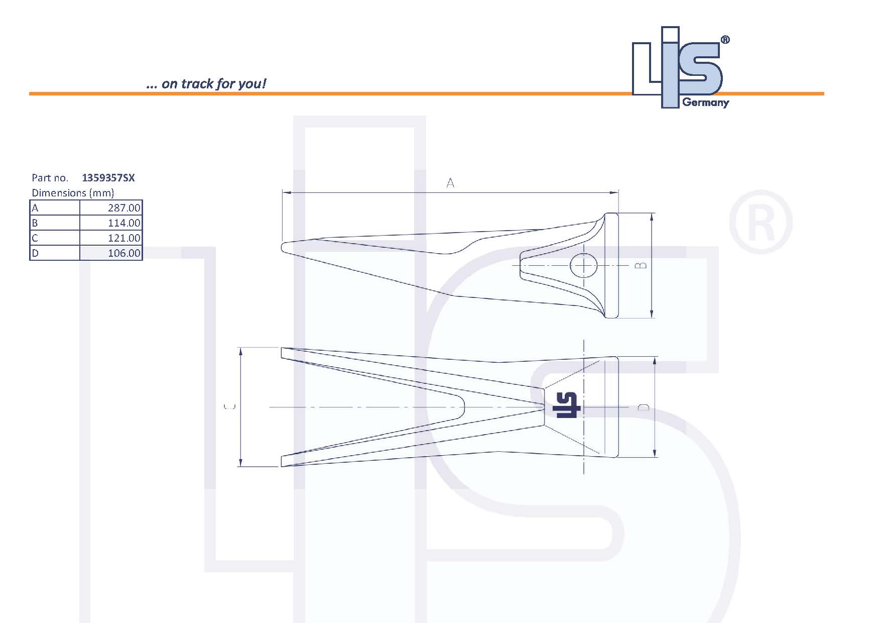Technische Zeichnung Doppelspitzzahn 1359357SX cat J350 von LIS Germany