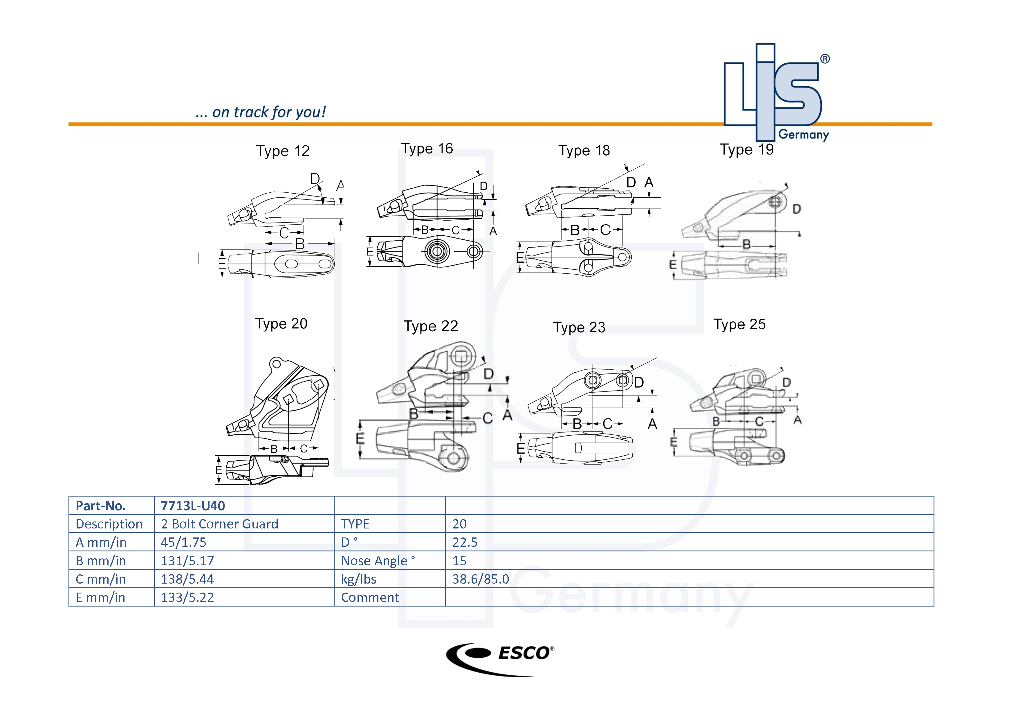 Technische Zeichnung ESCO Ultralok 7713L-U40 Anschraub-Eckadapter links mit Maßangaben B C D