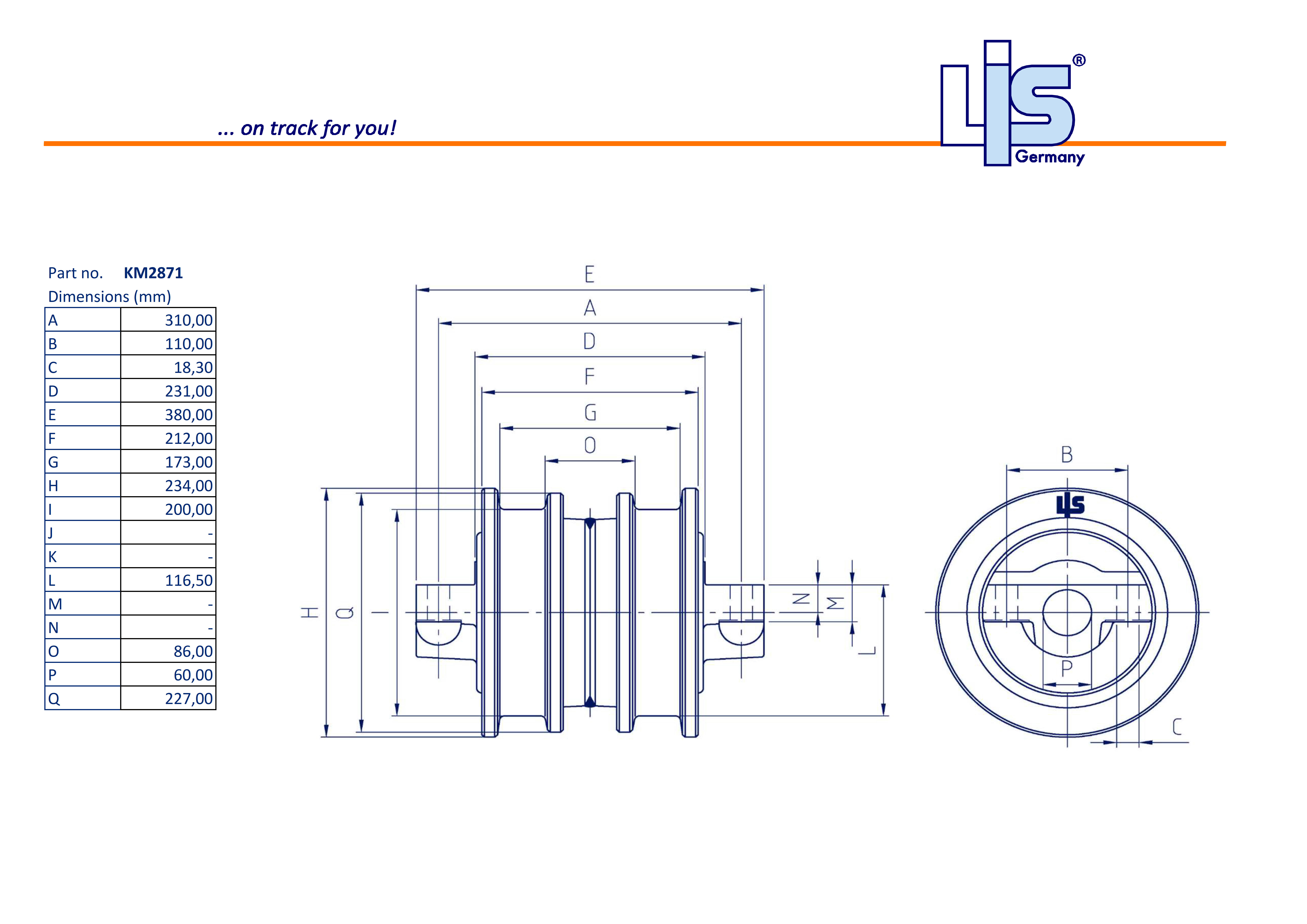 Technische Zeichnung der LIS® Laufrolle KM2871