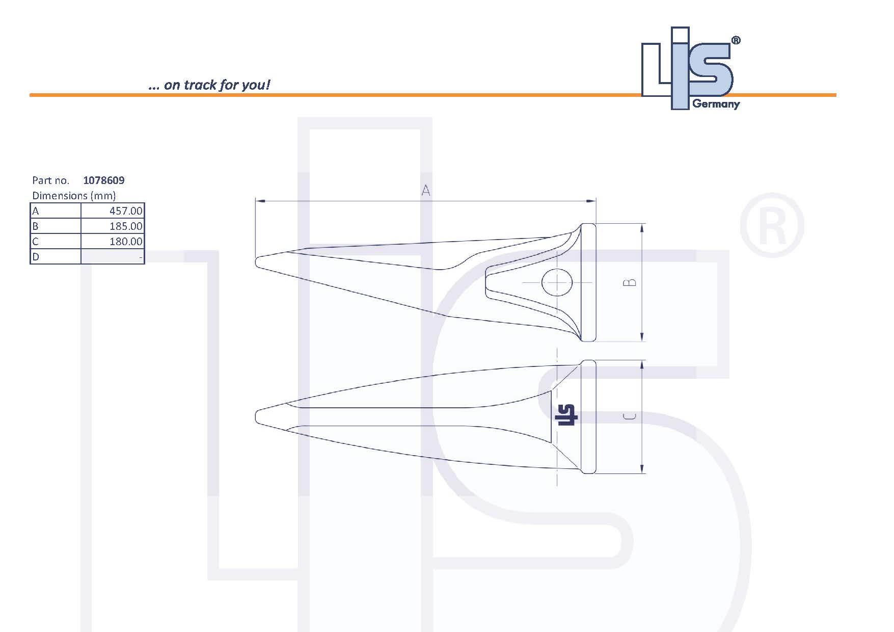 Technische Zeichnung Spitzzahn 1078609 cat J600 von LIS Germany