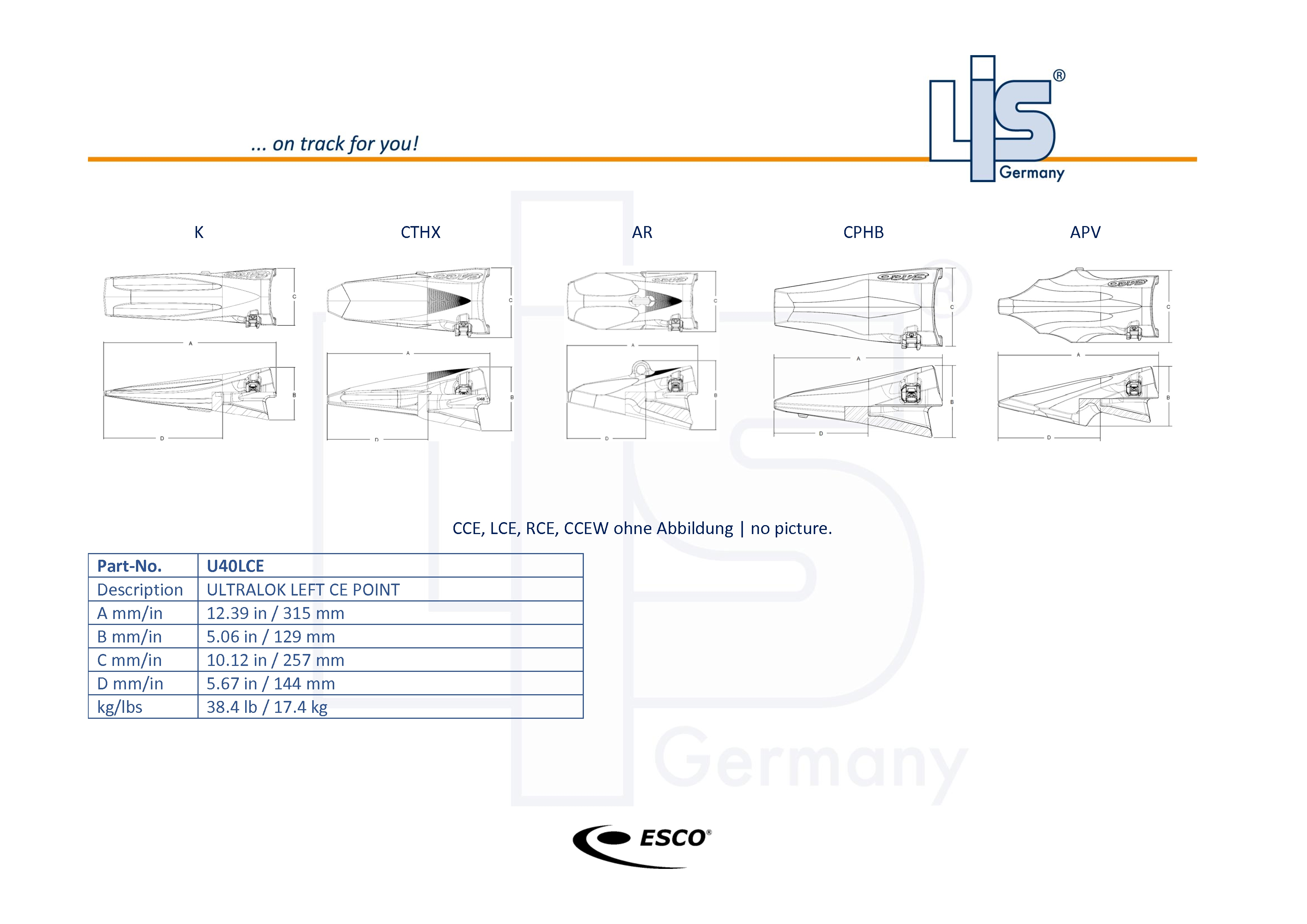 Ultralok U40LCE Flare Zahn linker Eckzahn für ESCO Ultralok Zahnsystem