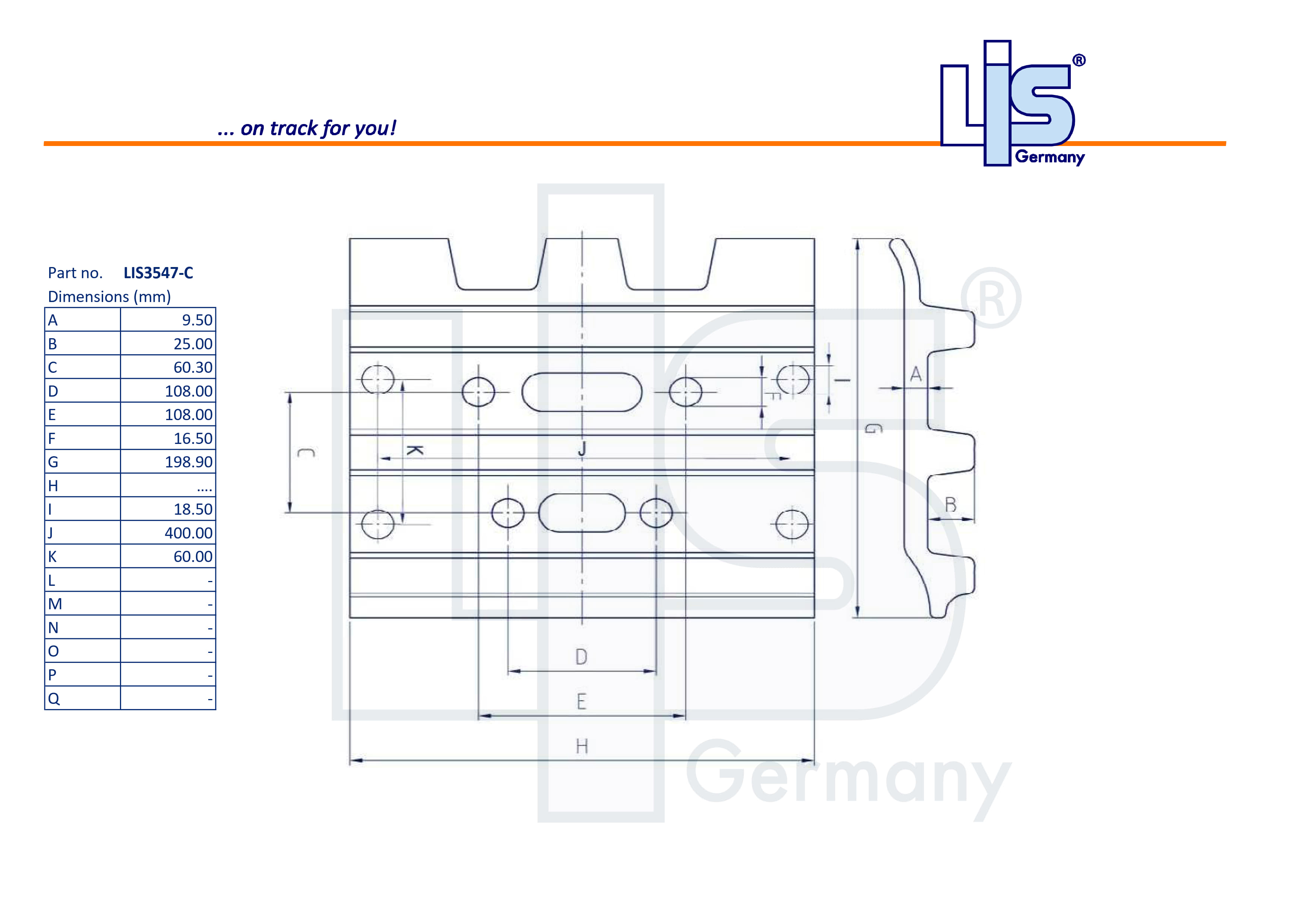 Technische Zeichnung LIS 3-Steg Bodenplatte 500 mm (LIS3547/500C) mit Lochbild Maßen